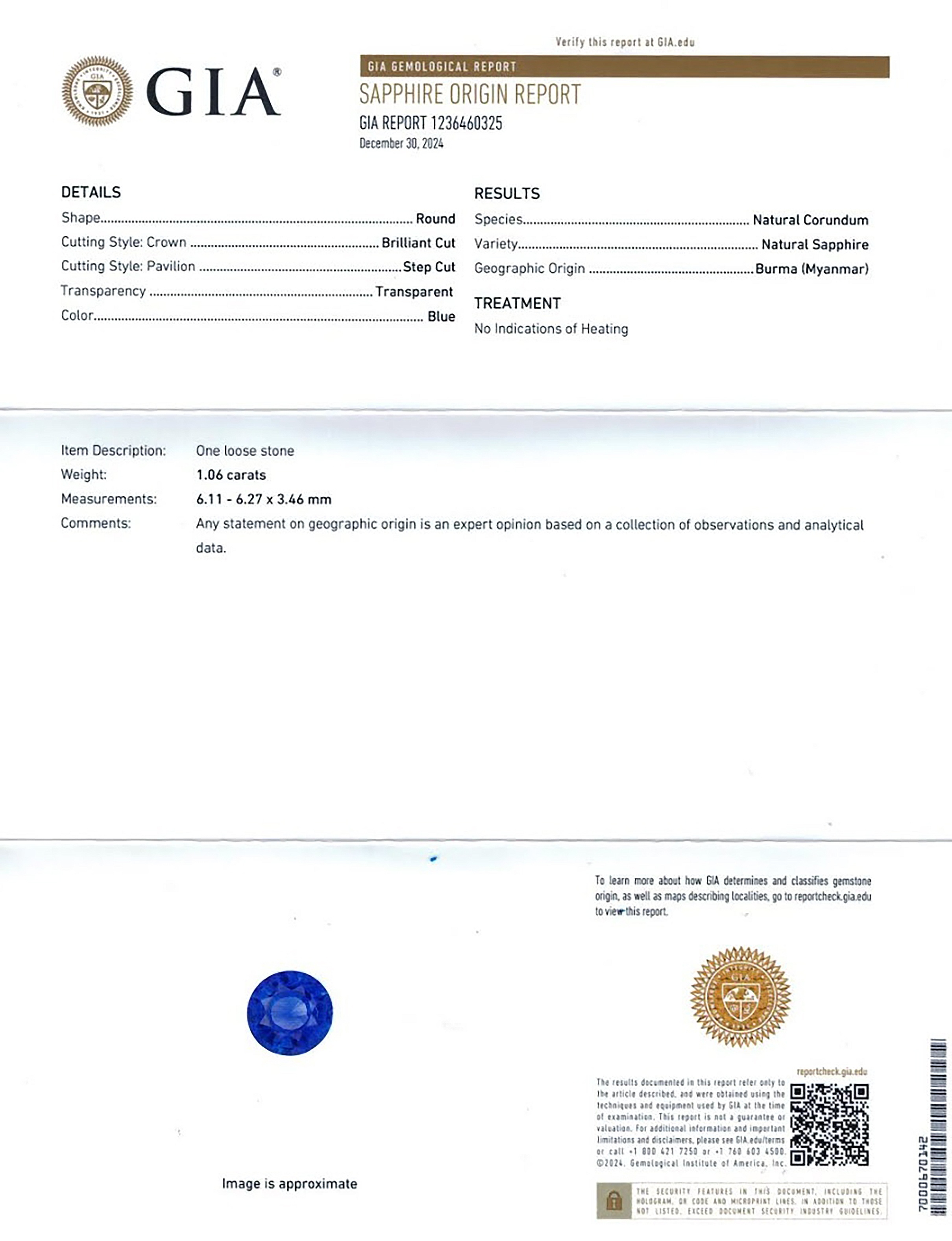 1.06 Ct. Blue Sapphire from Burma (Myanmar)