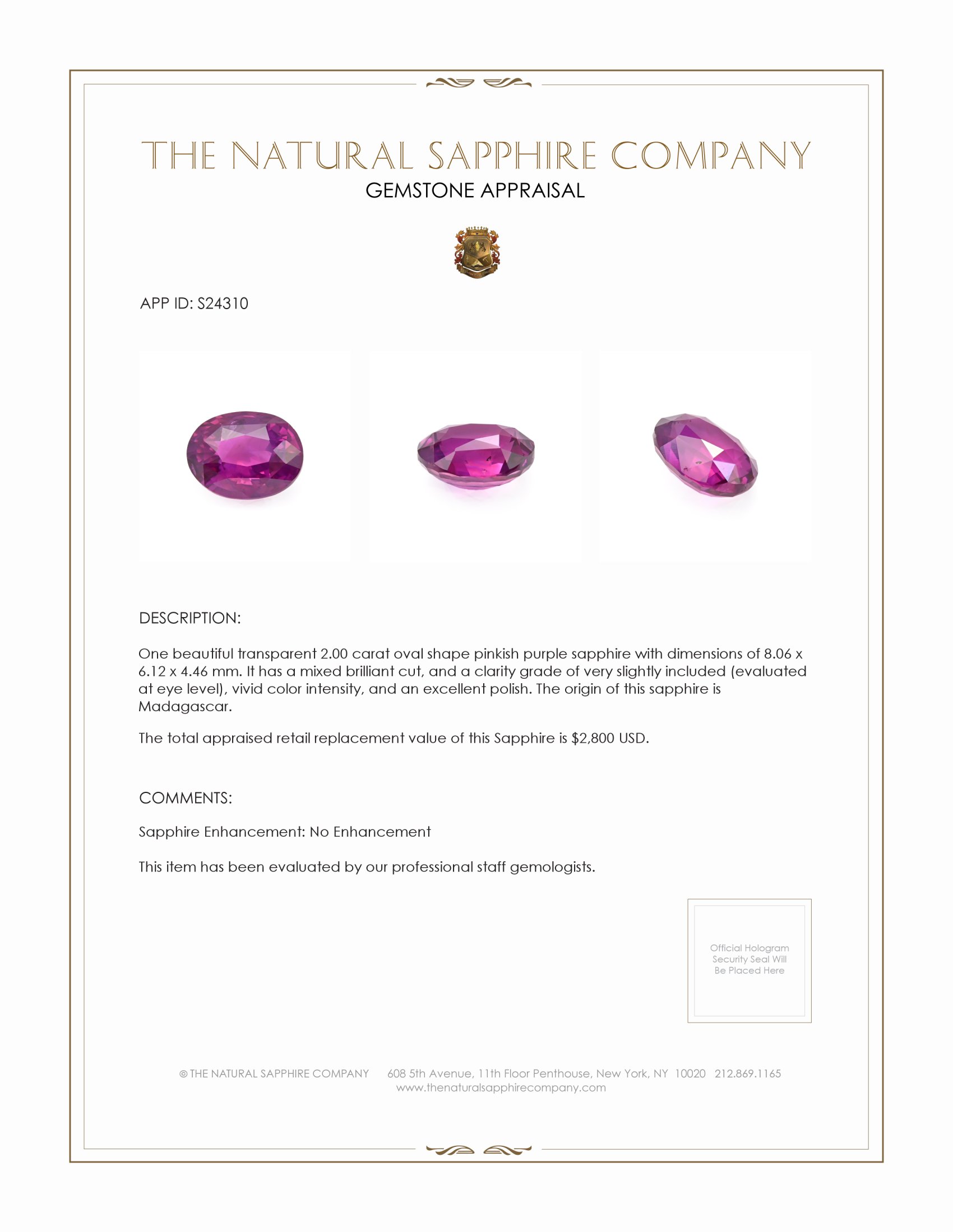 2.00 Ct. Pinkish Purple Sapphire from Madagascar