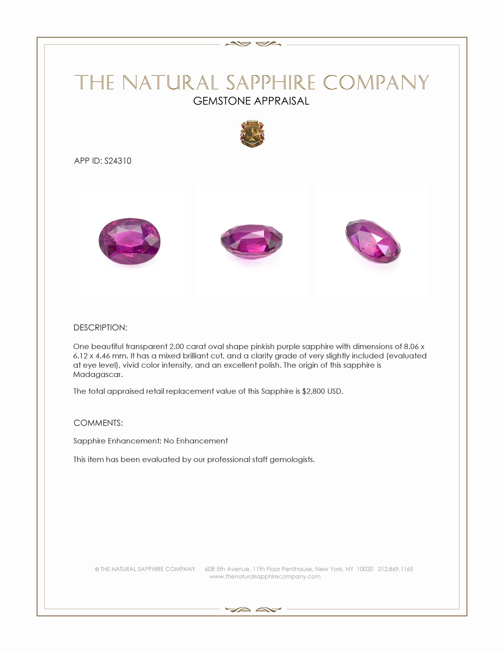 2.00 Ct. Pinkish Purple Sapphire from Madagascar
