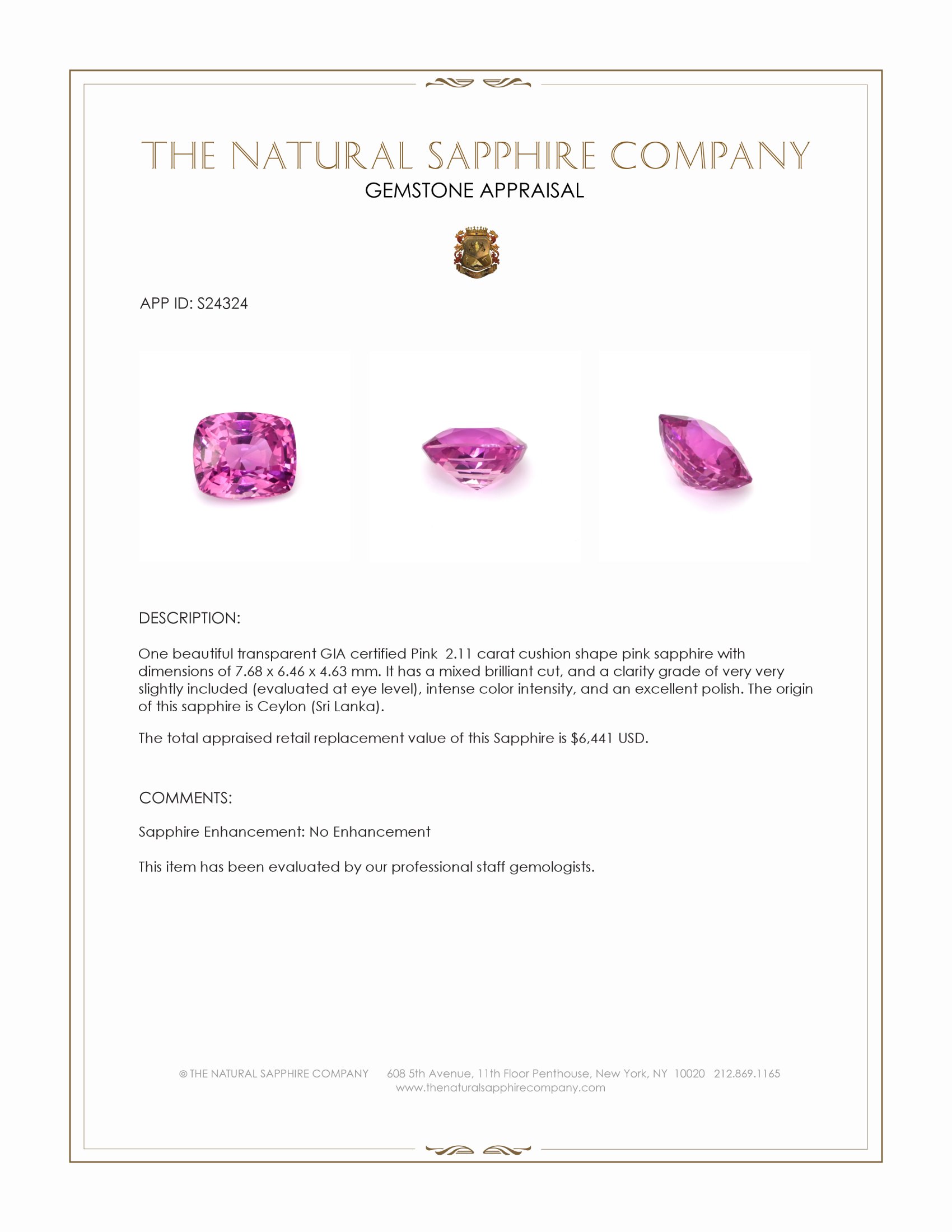 2.11 Ct. Pink Sapphire from Ceylon (Sri Lanka)