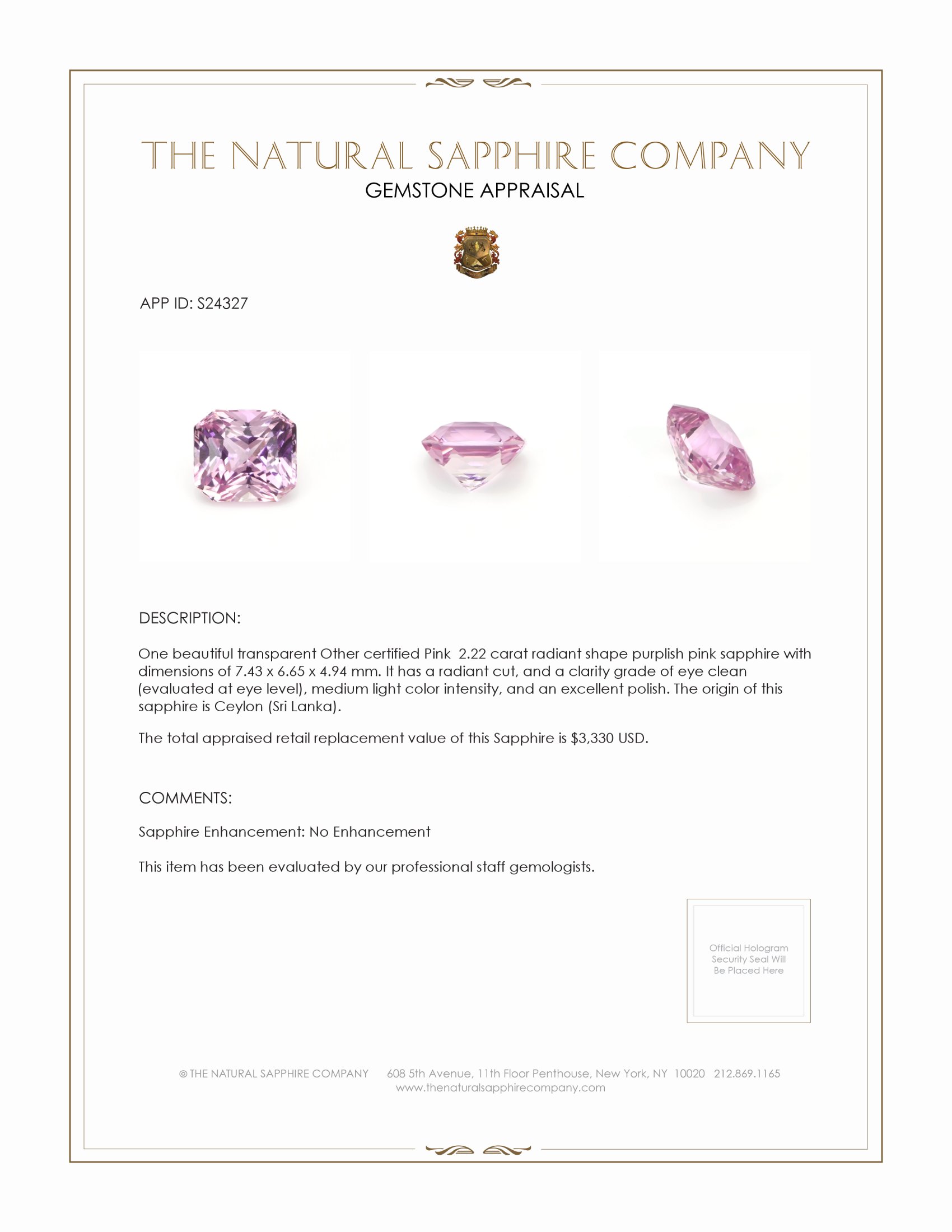 2.22 Ct. Purplish Pink Sapphire from Ceylon (Sri Lanka)