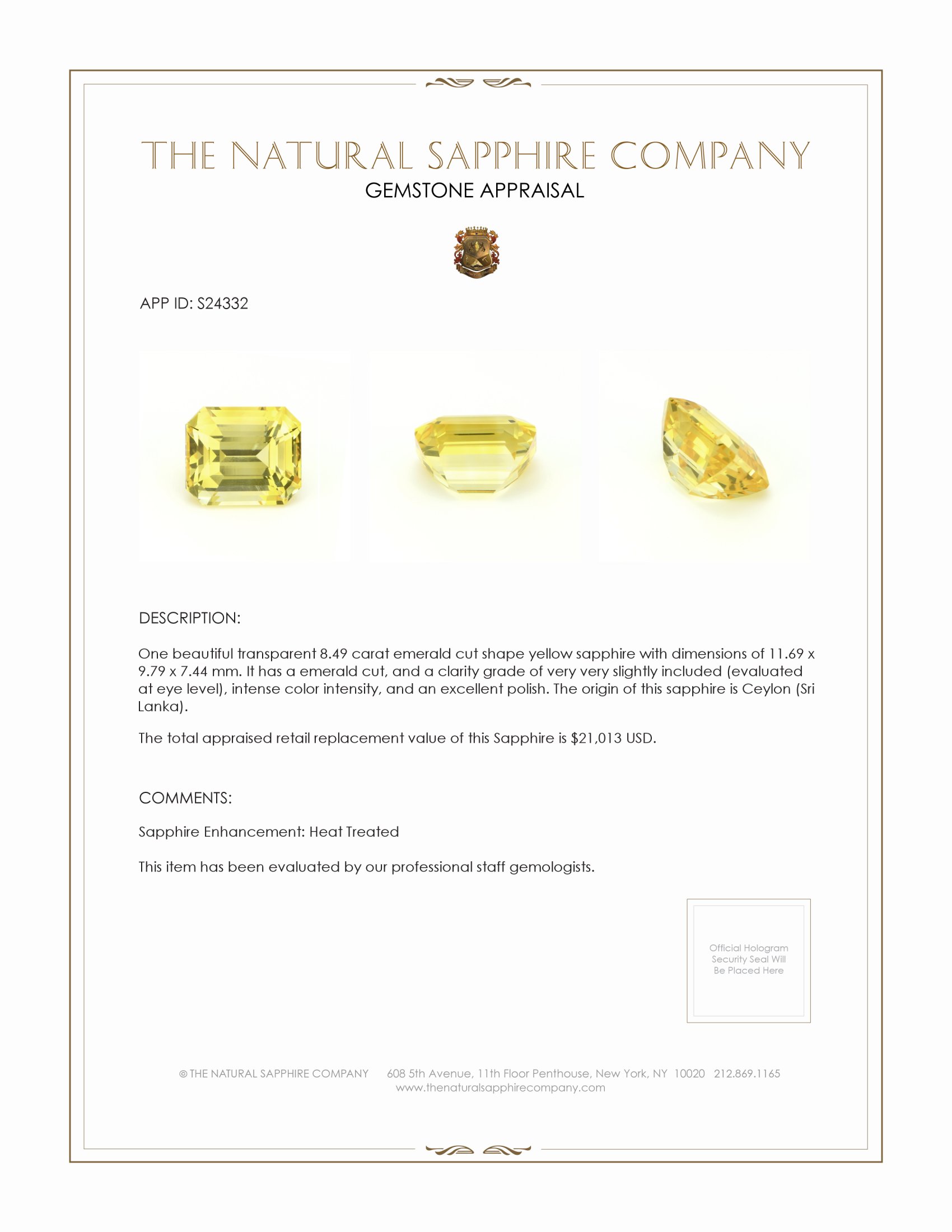 8.49 Ct. Yellow Sapphire from Ceylon (Sri Lanka)