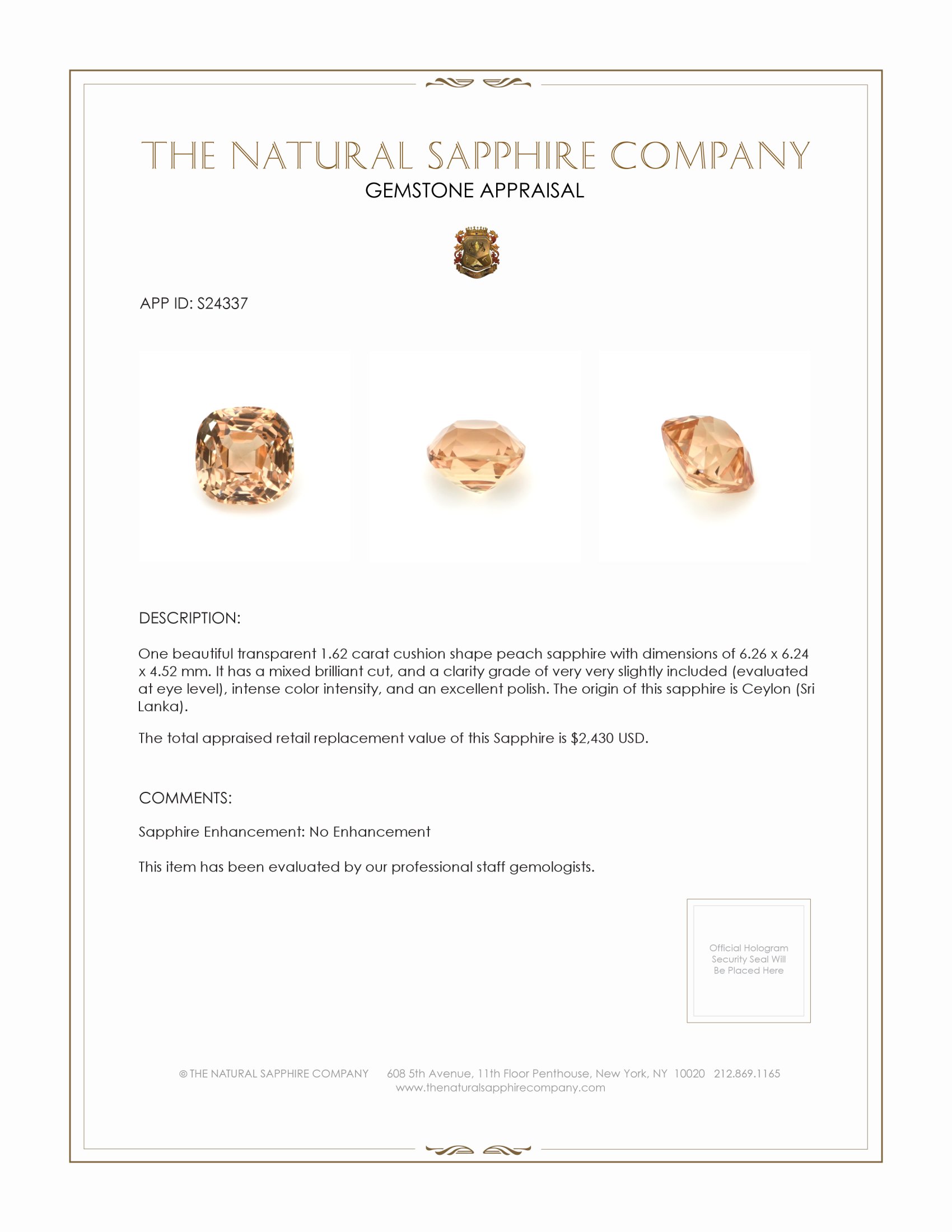 1.62 Ct. Peach Sapphire from Ceylon (Sri Lanka)