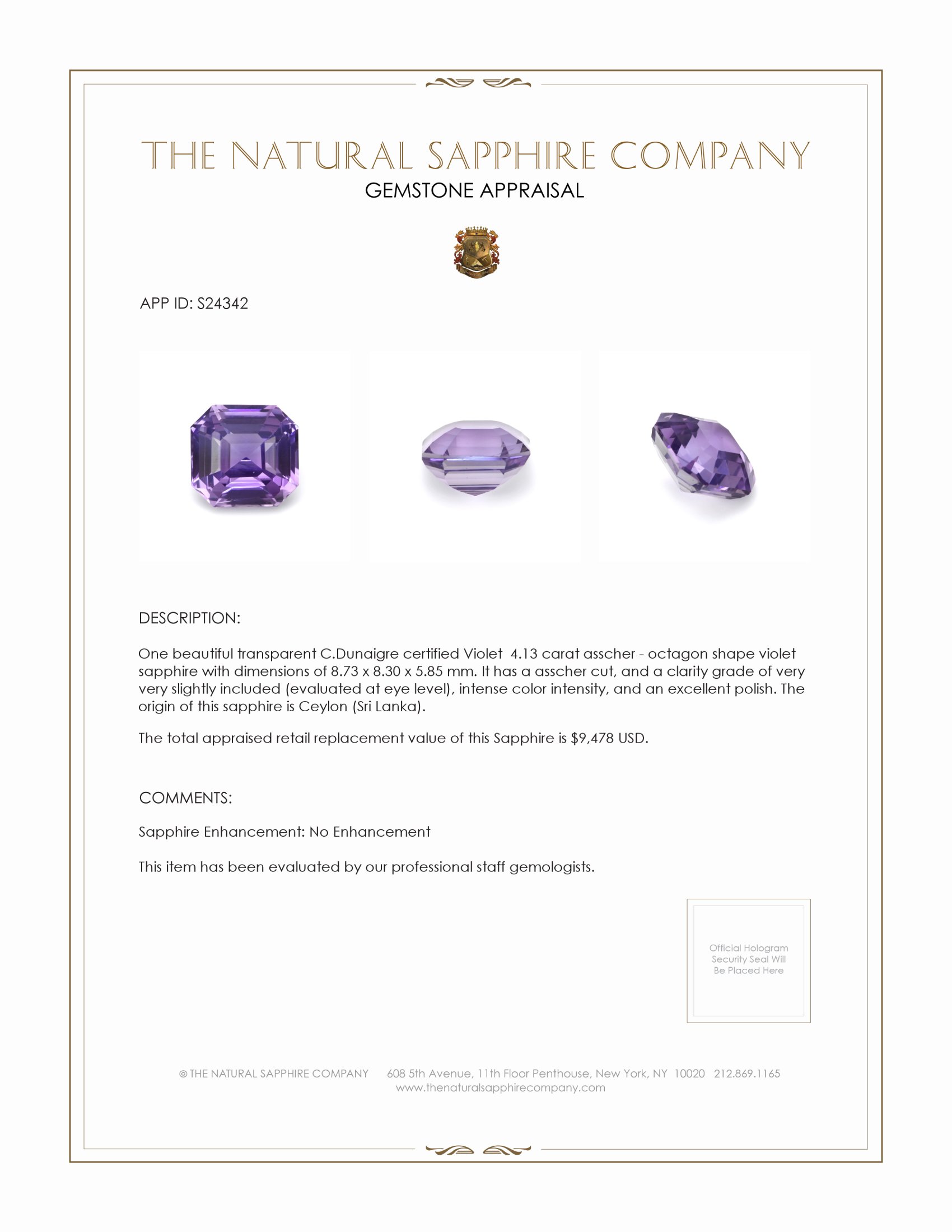 4.13 Ct. Violet Sapphire from Ceylon (Sri Lanka)