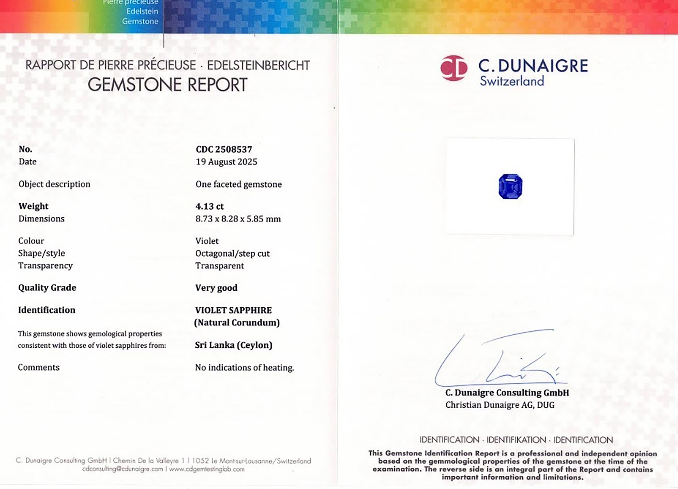 4.13 Ct. Violet Sapphire from Ceylon (Sri Lanka)