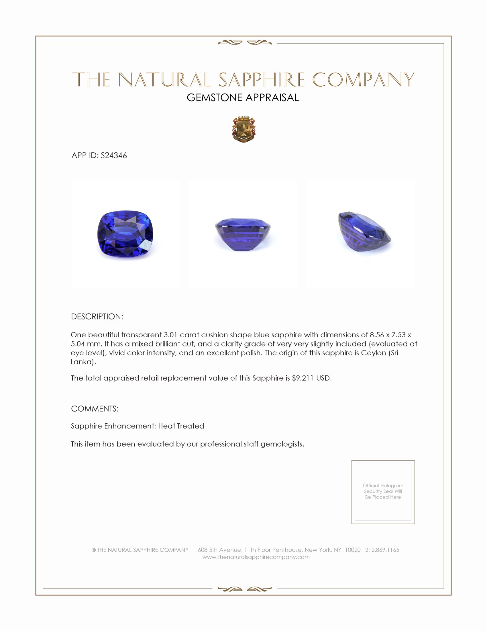 3.01 Ct. Blue Sapphire from Ceylon (Sri Lanka)
