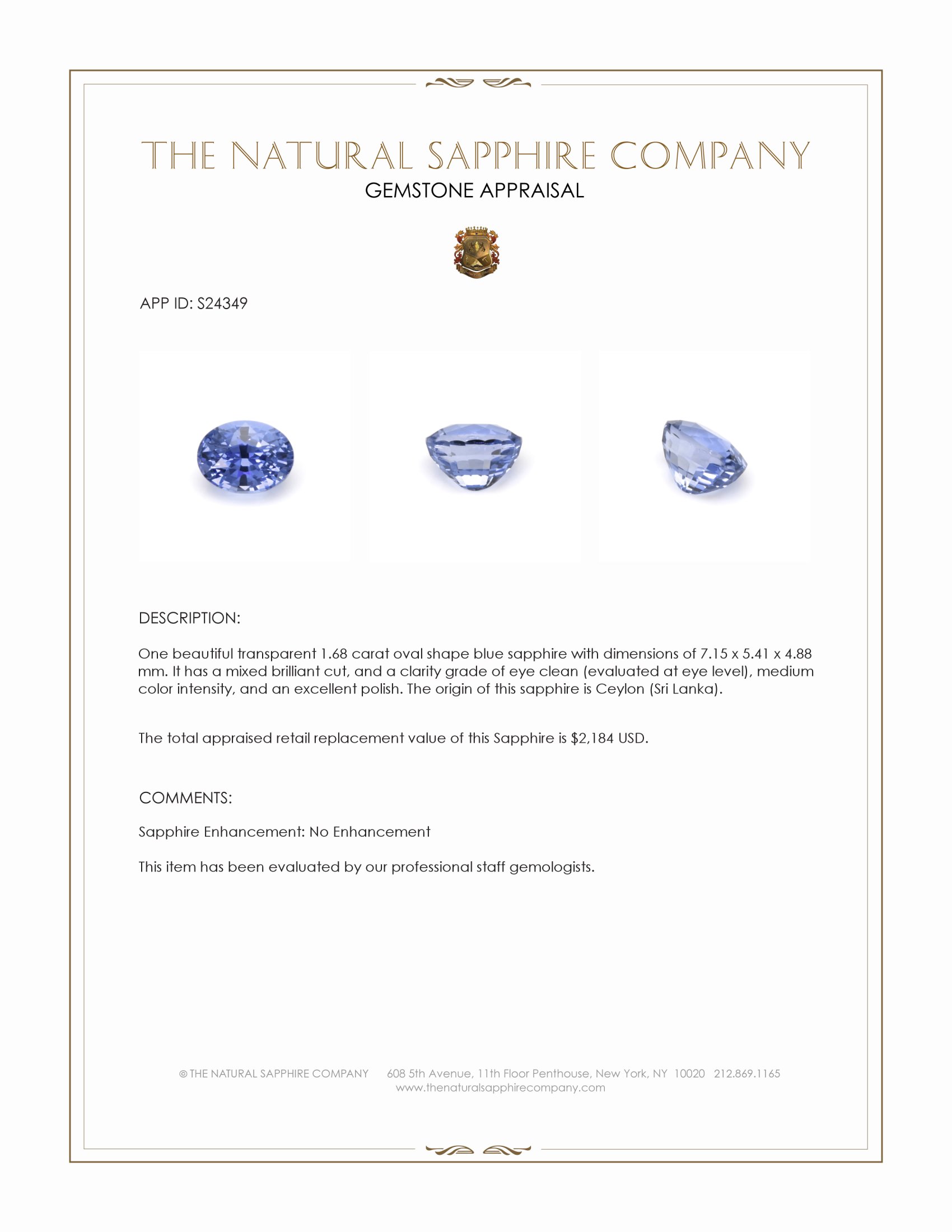 1.68 Ct. Blue Sapphire from Ceylon (Sri Lanka)