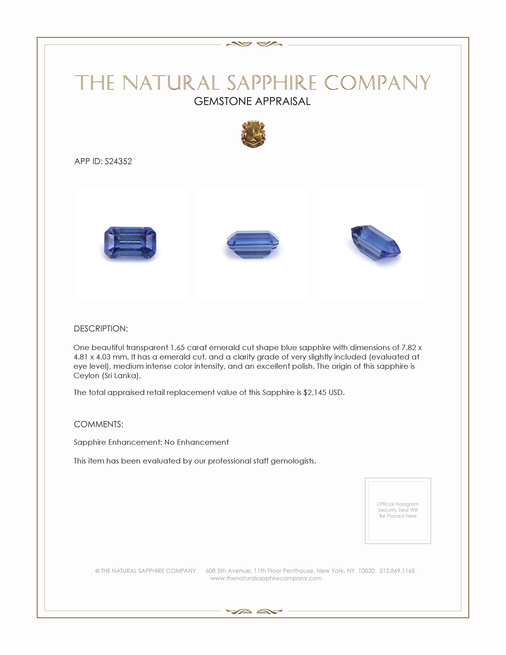 1.65 Ct. Blue Sapphire from Ceylon (Sri Lanka)