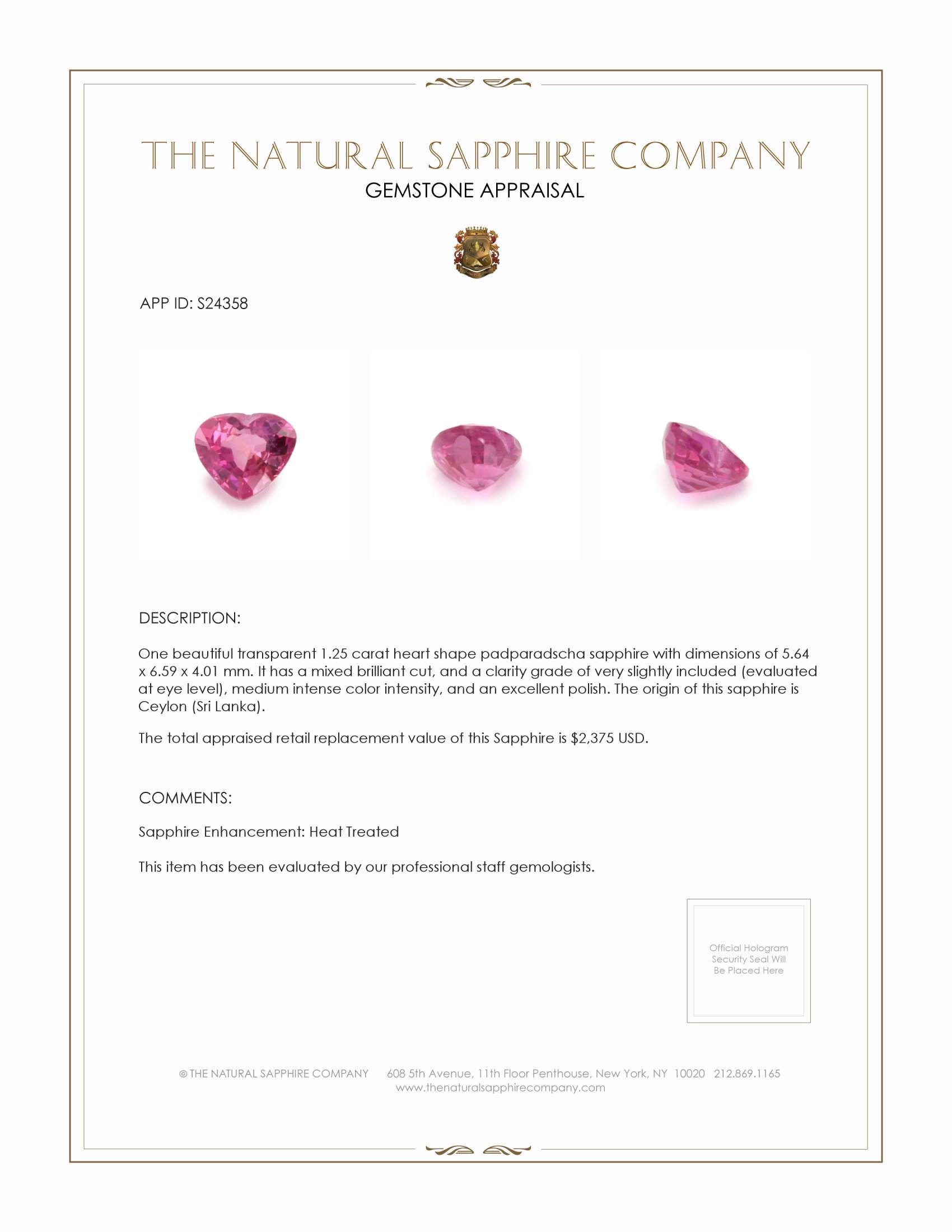 1.25 Ct. Padparadscha Sapphire from Ceylon (Sri Lanka)