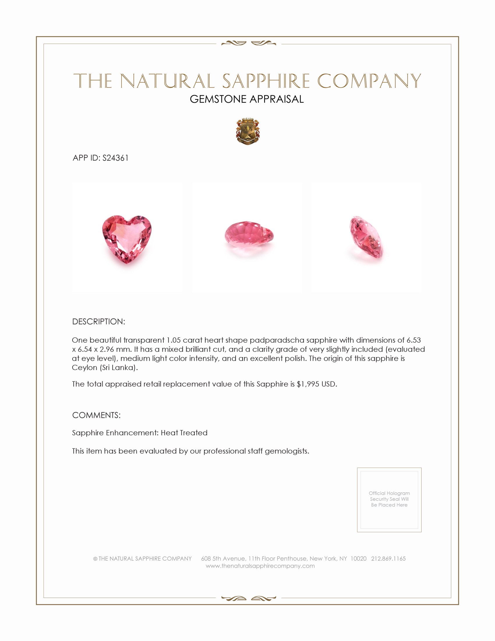 1.05 Ct. Padparadscha Sapphire from Ceylon (Sri Lanka)