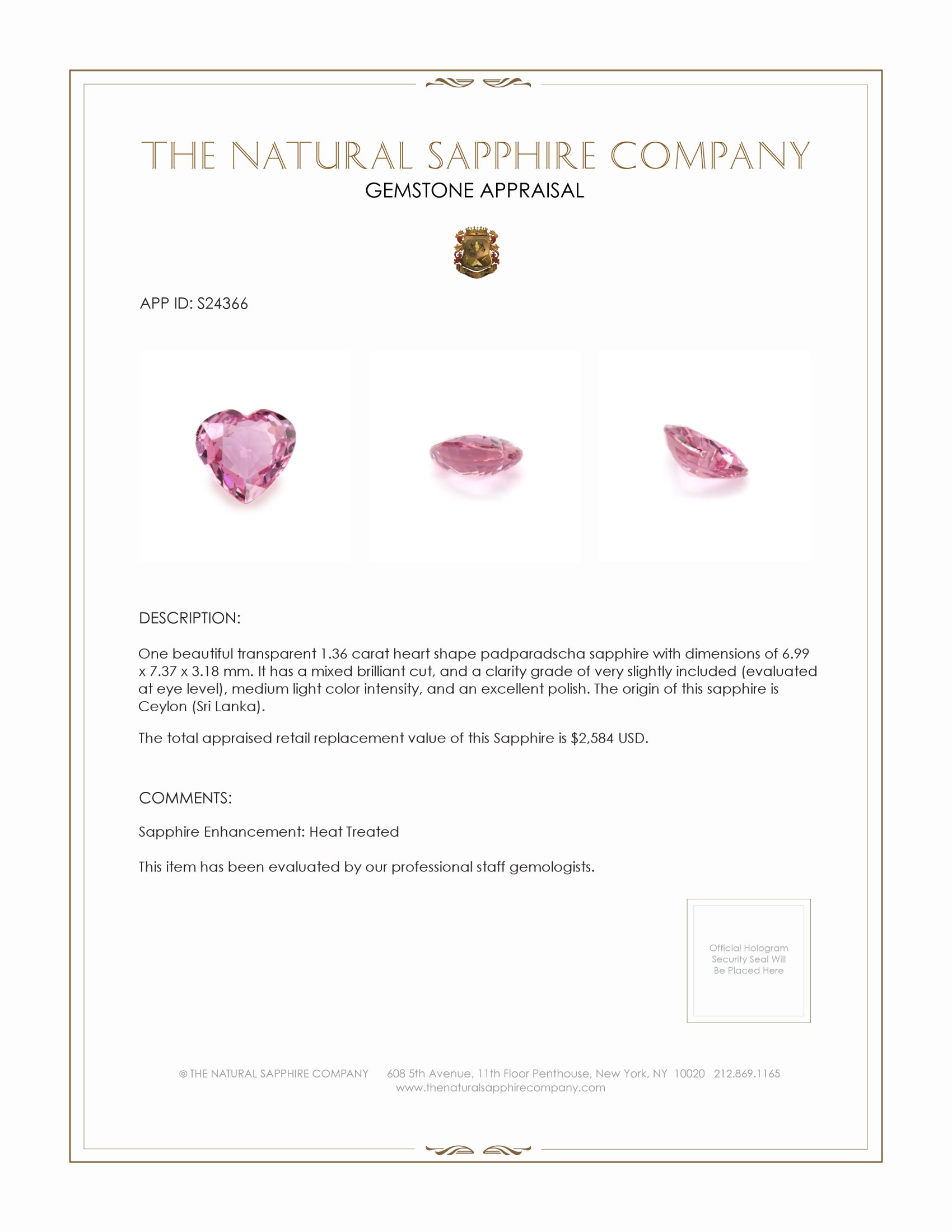 1.36 Ct. Padparadscha Sapphire from Ceylon (Sri Lanka)