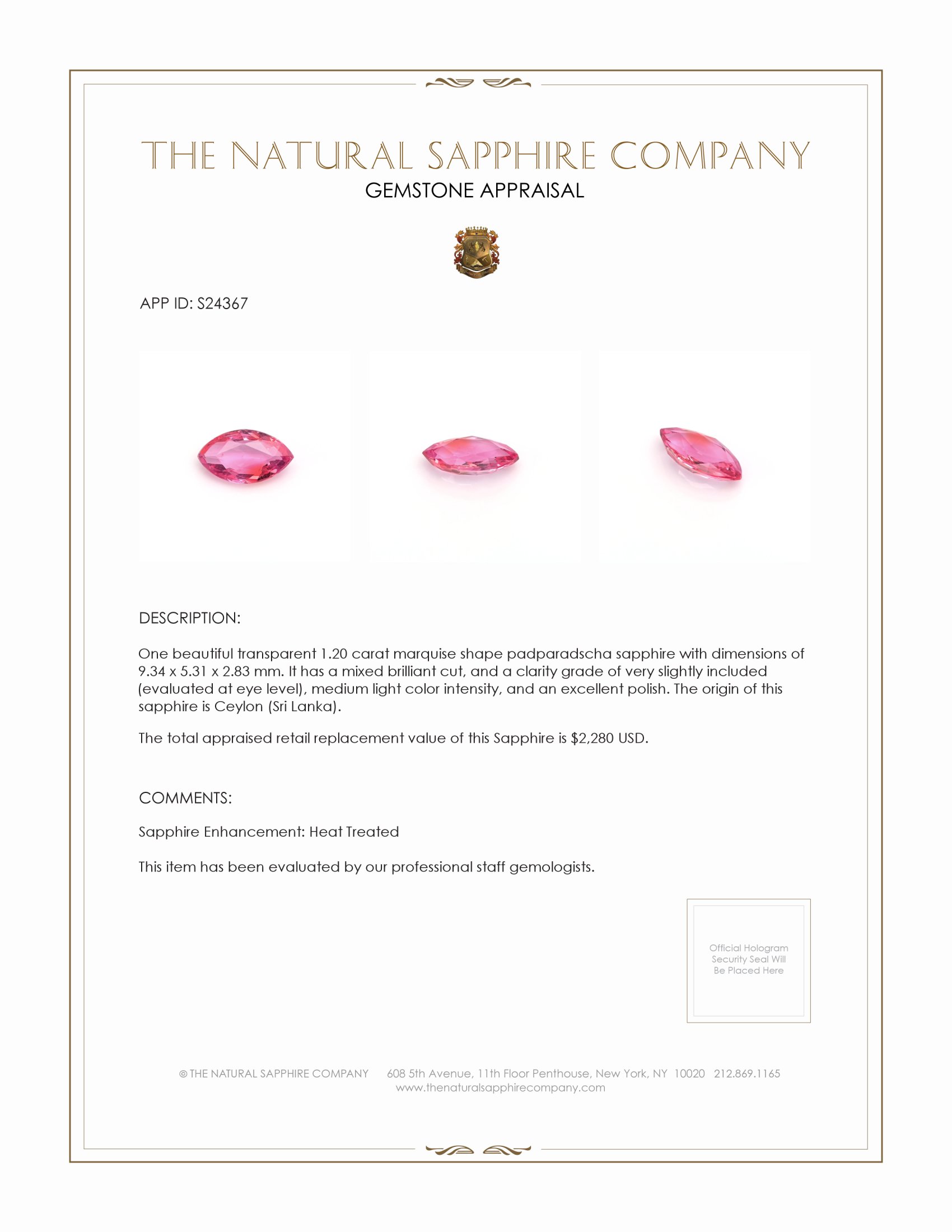 1.20 Ct. Padparadscha Sapphire from Ceylon (Sri Lanka)