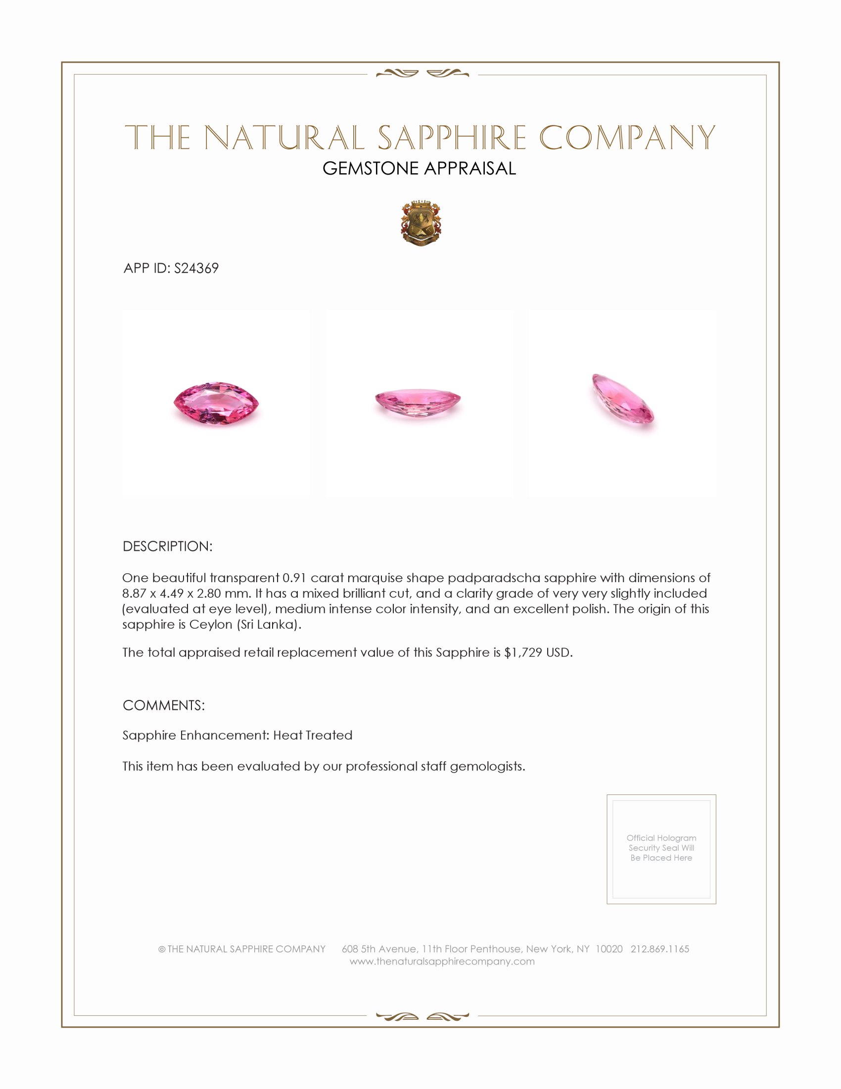 0.91 Ct. Padparadscha Sapphire from Ceylon (Sri Lanka)