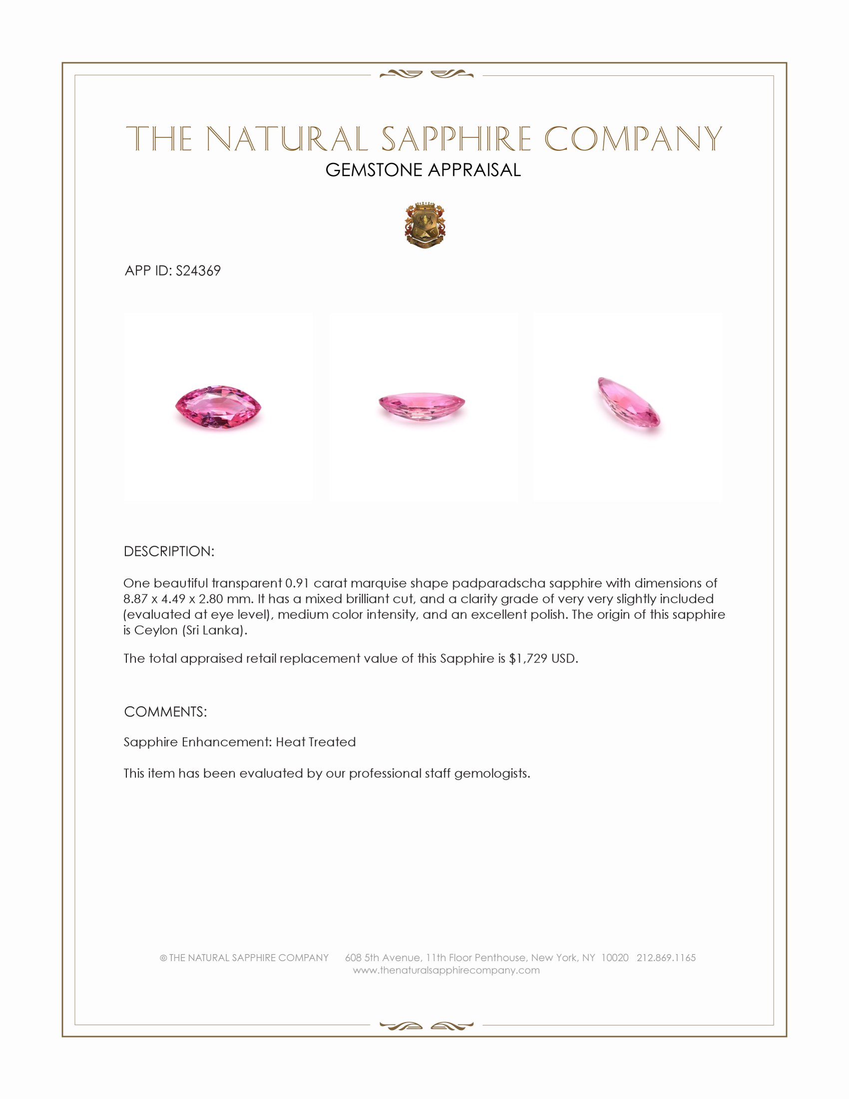 0.91 Ct. Padparadscha Sapphire from Ceylon (Sri Lanka)