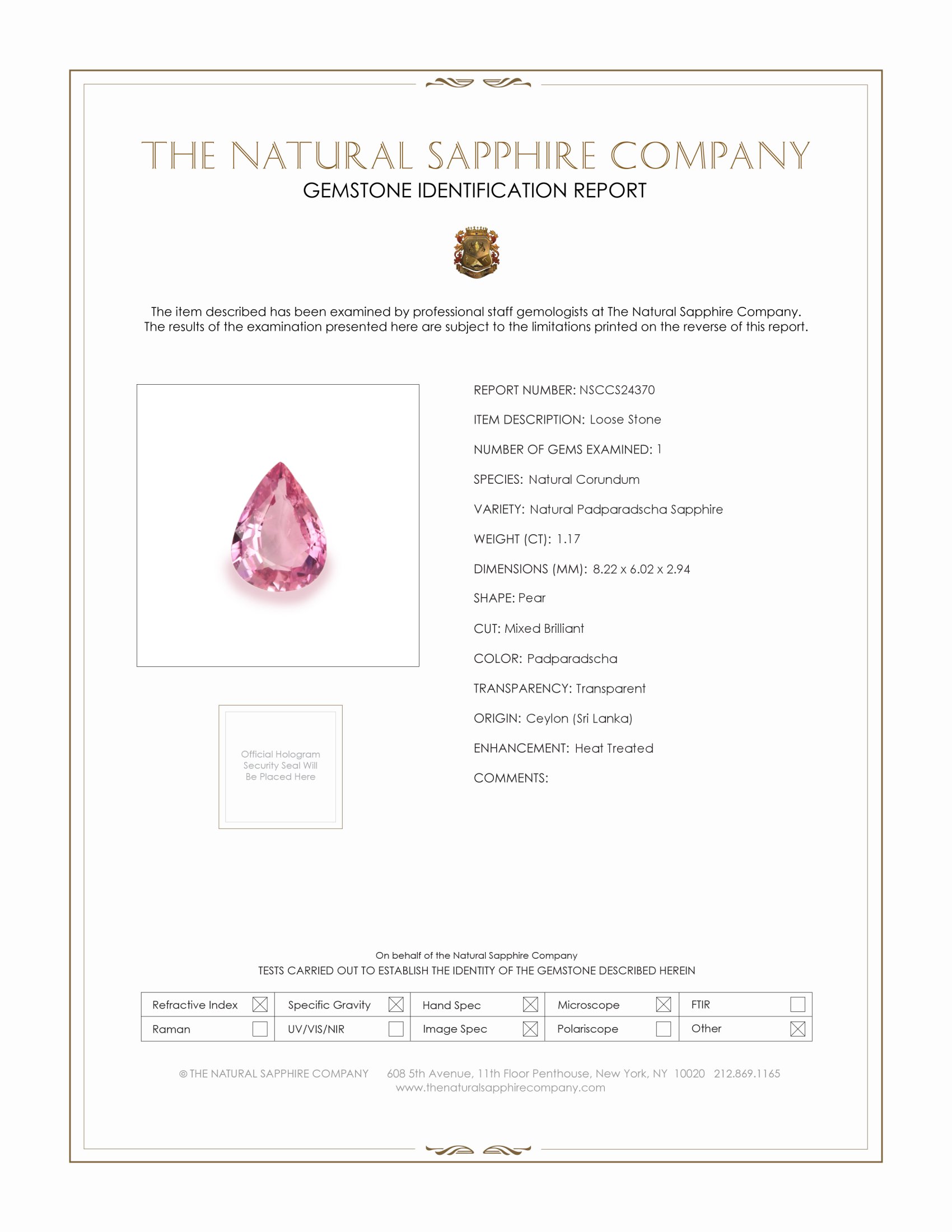 1.17 Ct. Padparadscha Sapphire from Ceylon (Sri Lanka)