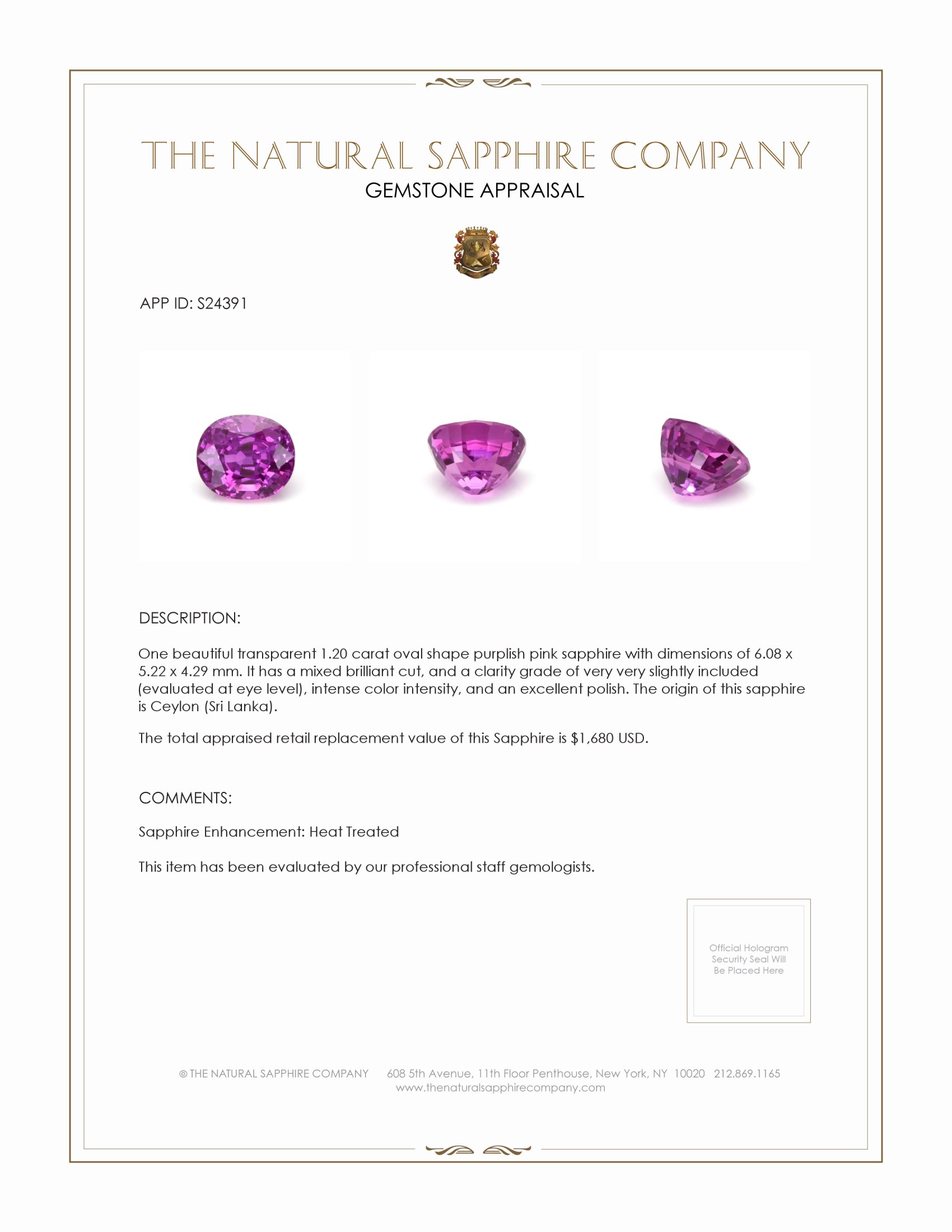 1.20 Ct. Purplish Pink Sapphire from Ceylon (Sri Lanka)