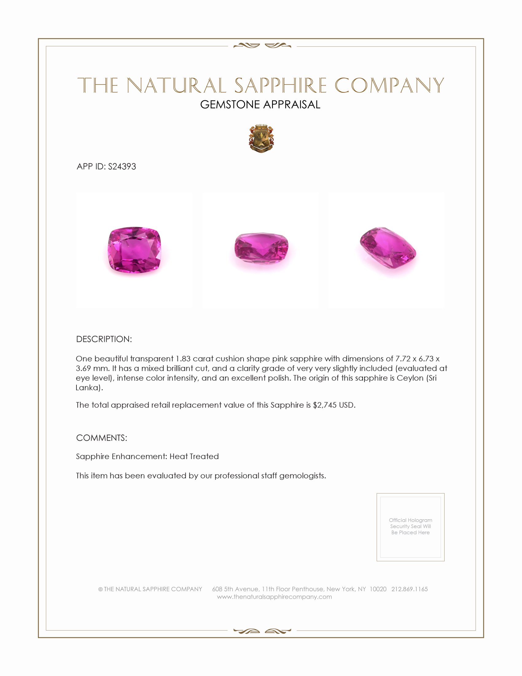 1.83 Ct. Pink Sapphire from Ceylon (Sri Lanka)