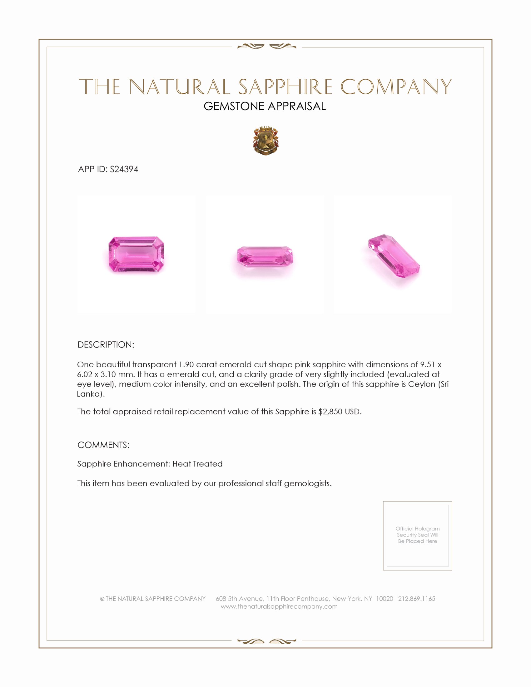 1.90 Ct. Pink Sapphire from Ceylon (Sri Lanka)