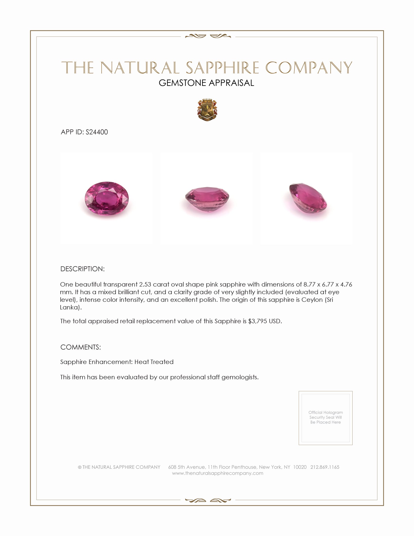 2.53 Ct. Purplish Pink Sapphire from Ceylon (Sri Lanka)
