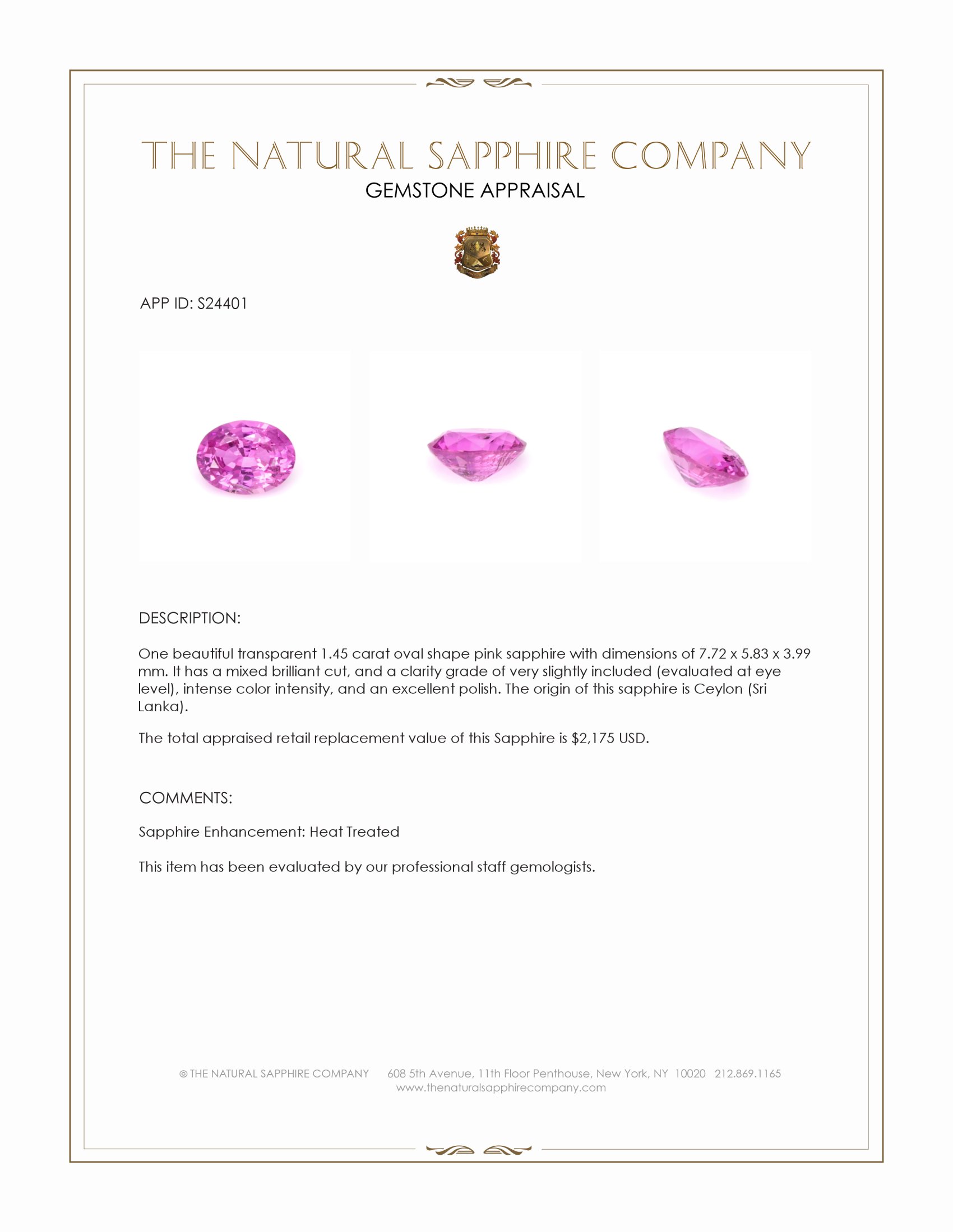 1.45 Ct. Pink Sapphire from Ceylon (Sri Lanka)