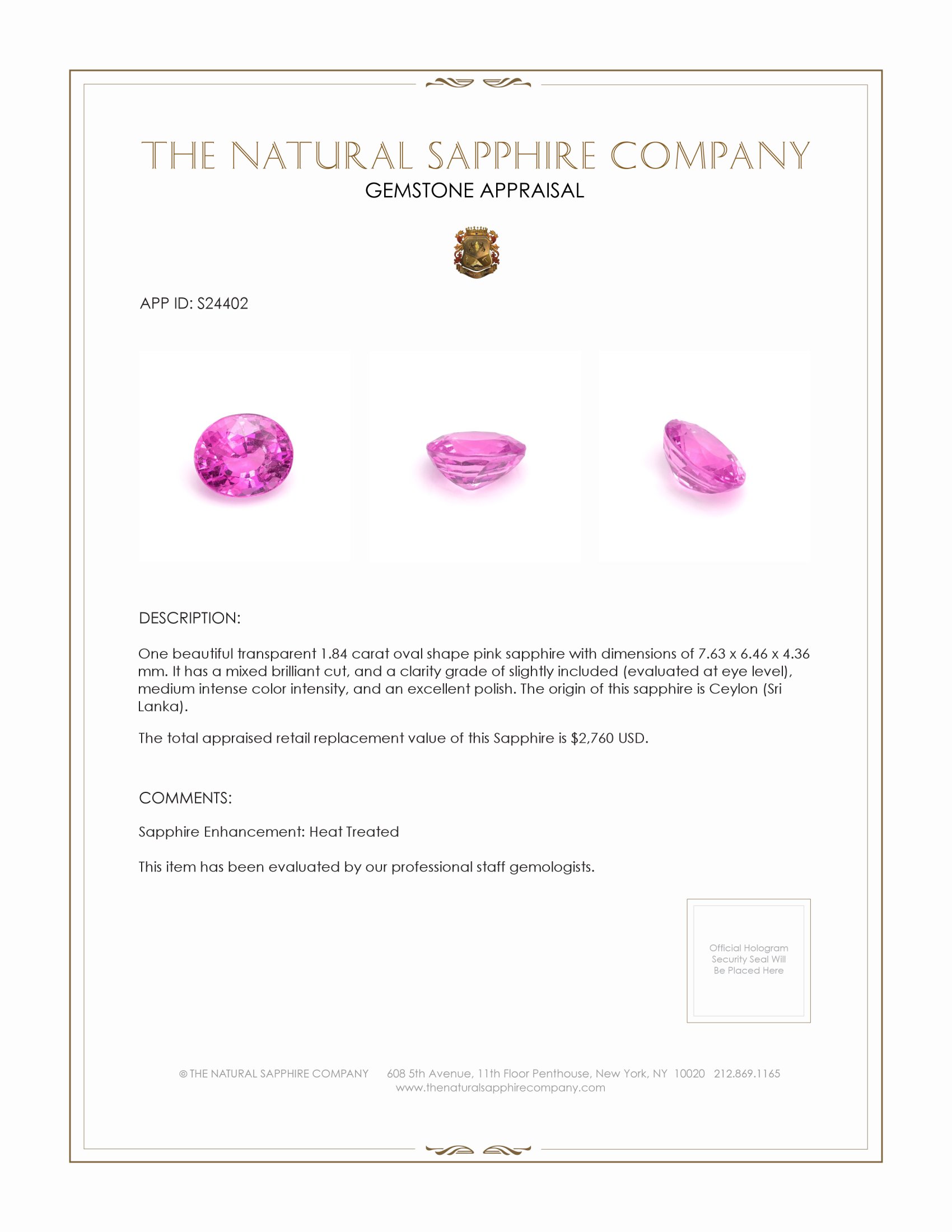 1.84 Ct. Pink Sapphire from Ceylon (Sri Lanka)