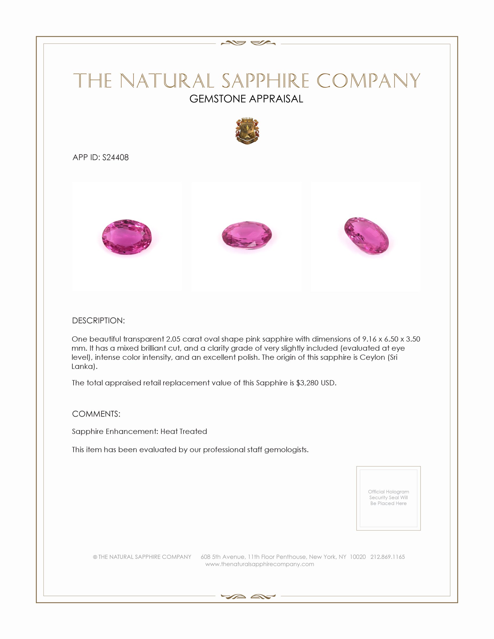 2.05 Ct. Pink Sapphire from Ceylon (Sri Lanka)