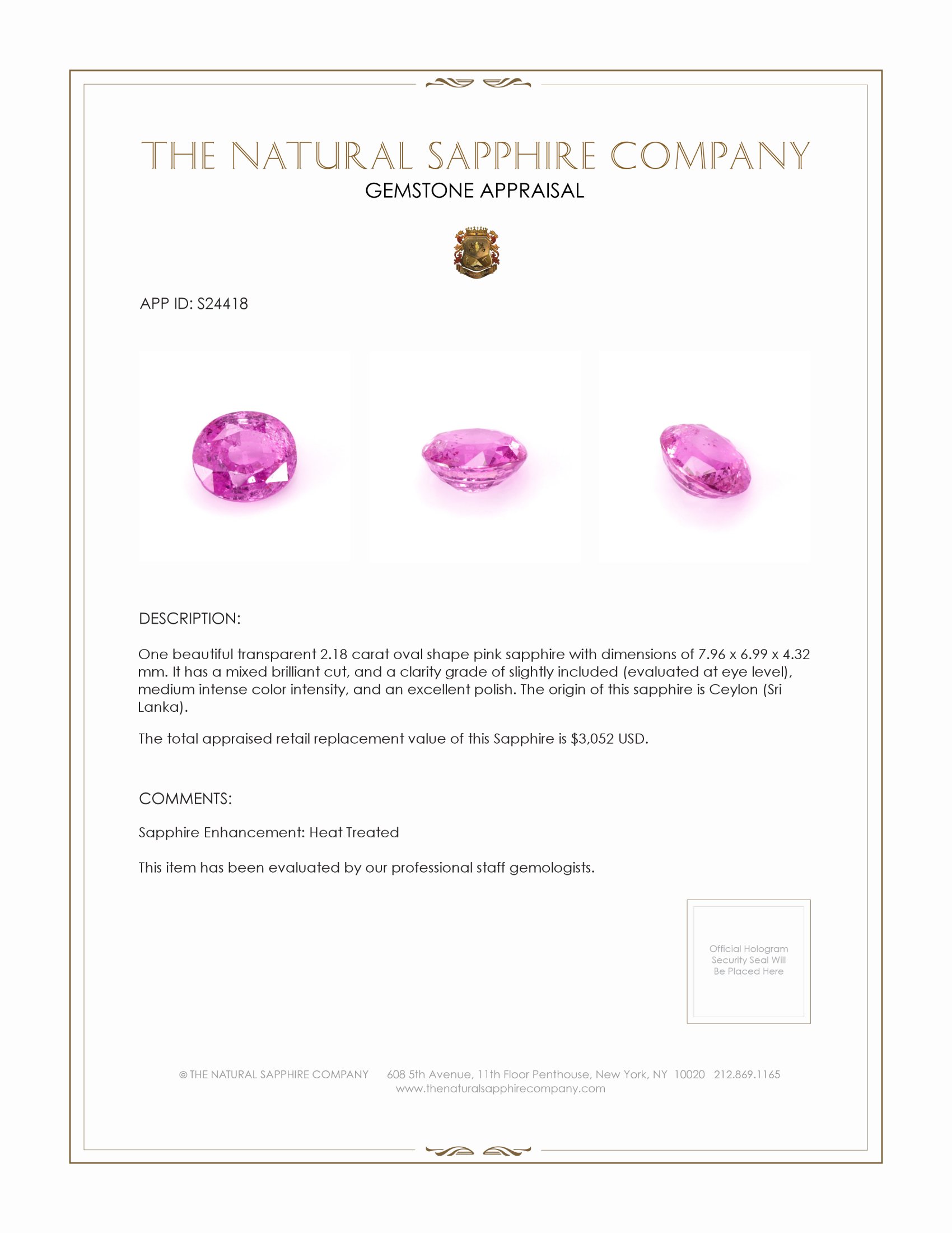 2.18 Ct. Pink Sapphire from Ceylon (Sri Lanka)