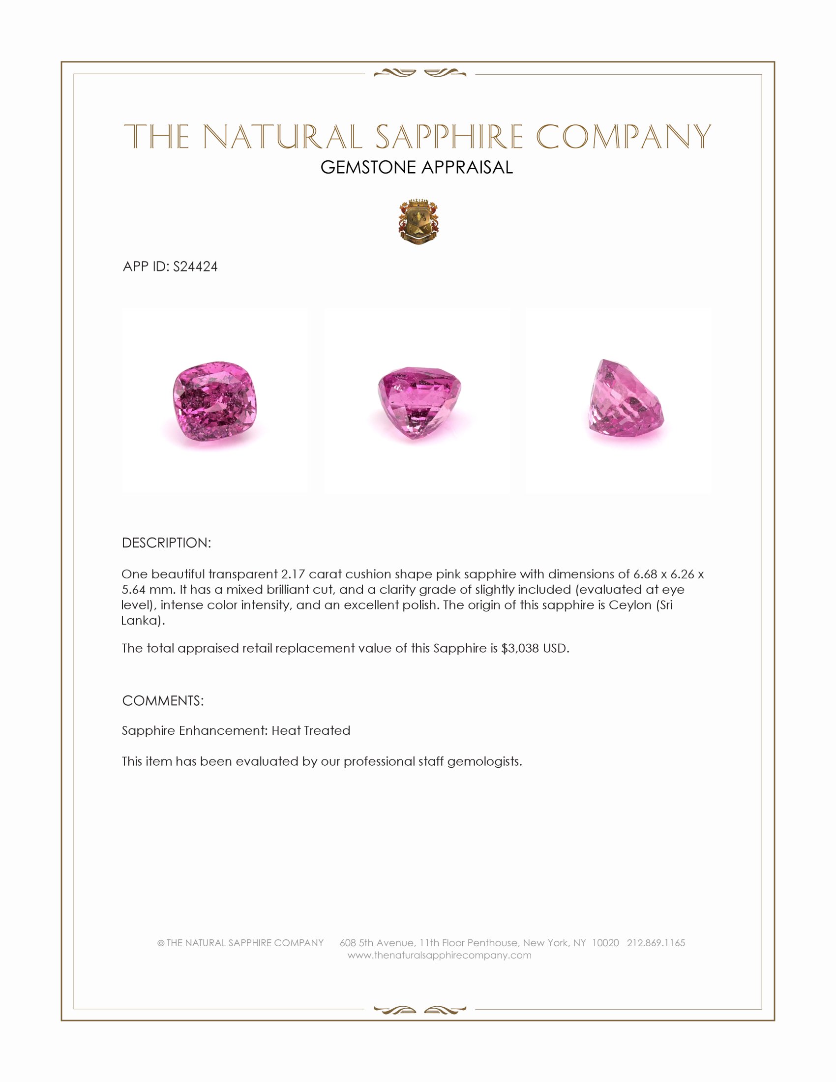 2.17 Ct. Pink Sapphire from Ceylon (Sri Lanka)