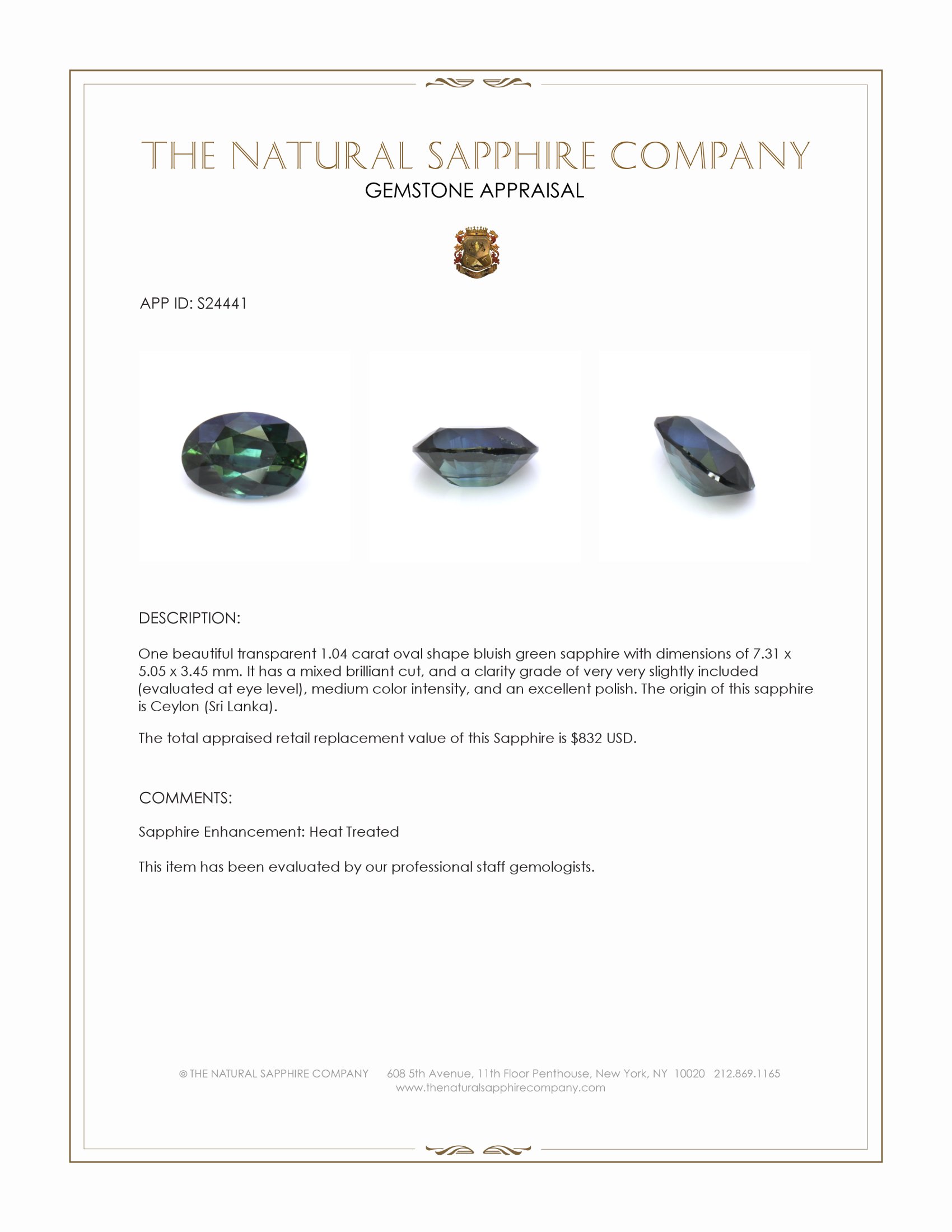 1.04 Ct. Bluish Green Sapphire from Ceylon (Sri Lanka)