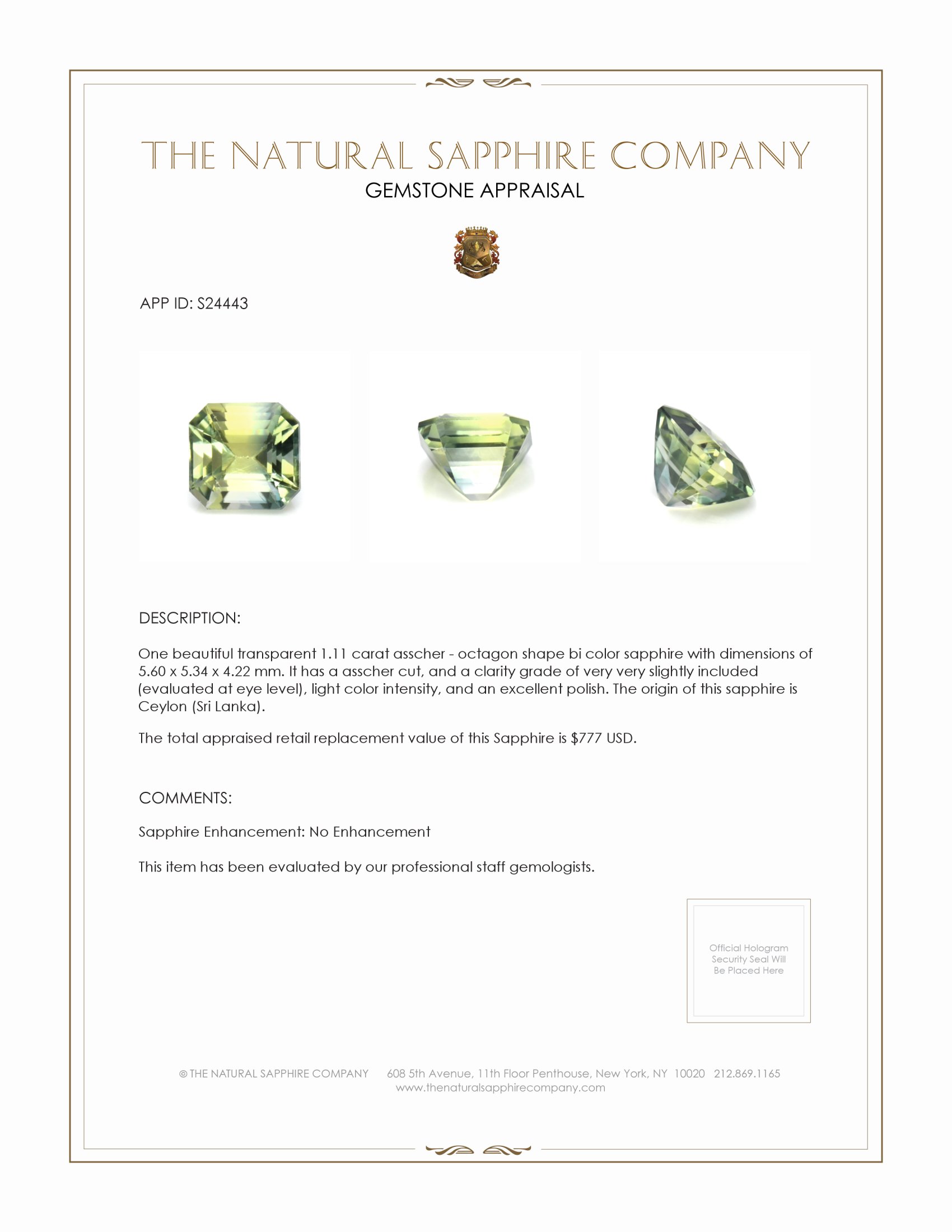 1.11 Ct. Bi Color Sapphire from Ceylon (Sri Lanka)