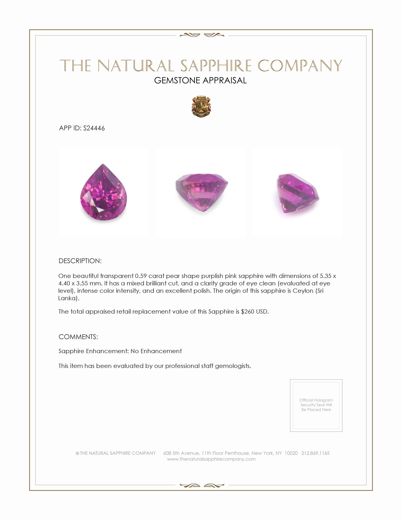 0.59 Ct. Purplish Pink Sapphire from Ceylon (Sri Lanka)