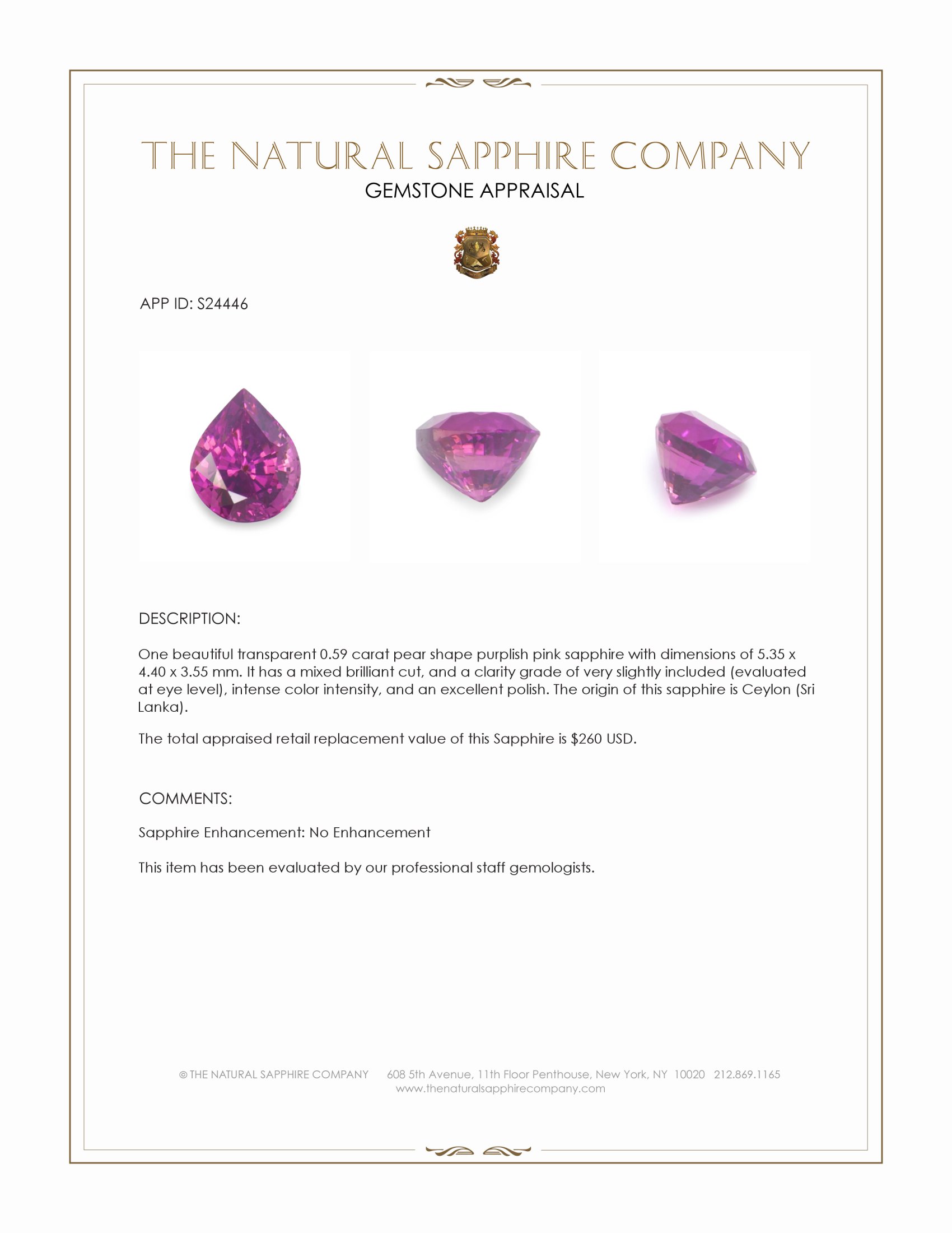 0.59 Ct. Purplish Pink Sapphire from Ceylon (Sri Lanka)
