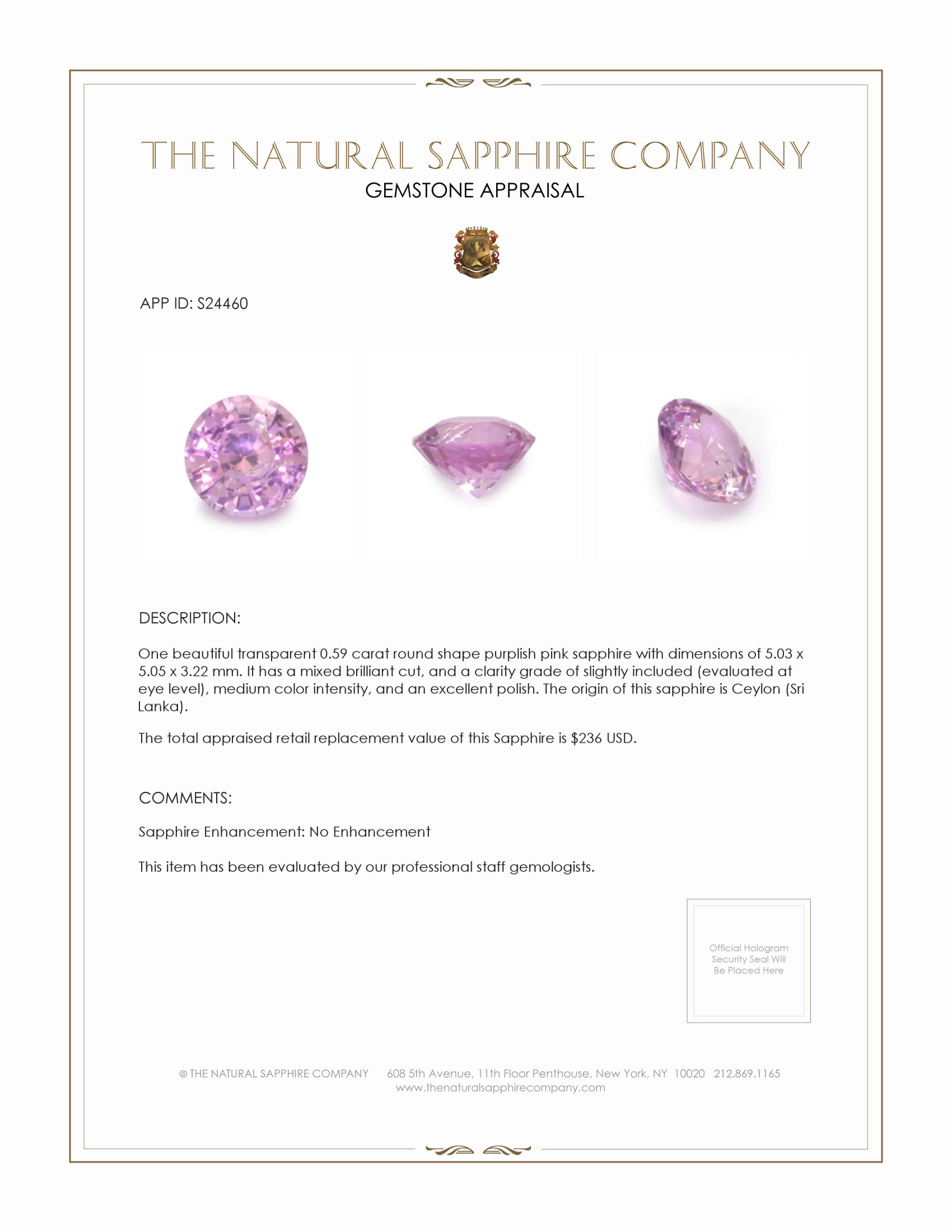 0.59 Ct. Purplish Pink Sapphire from Ceylon (Sri Lanka)