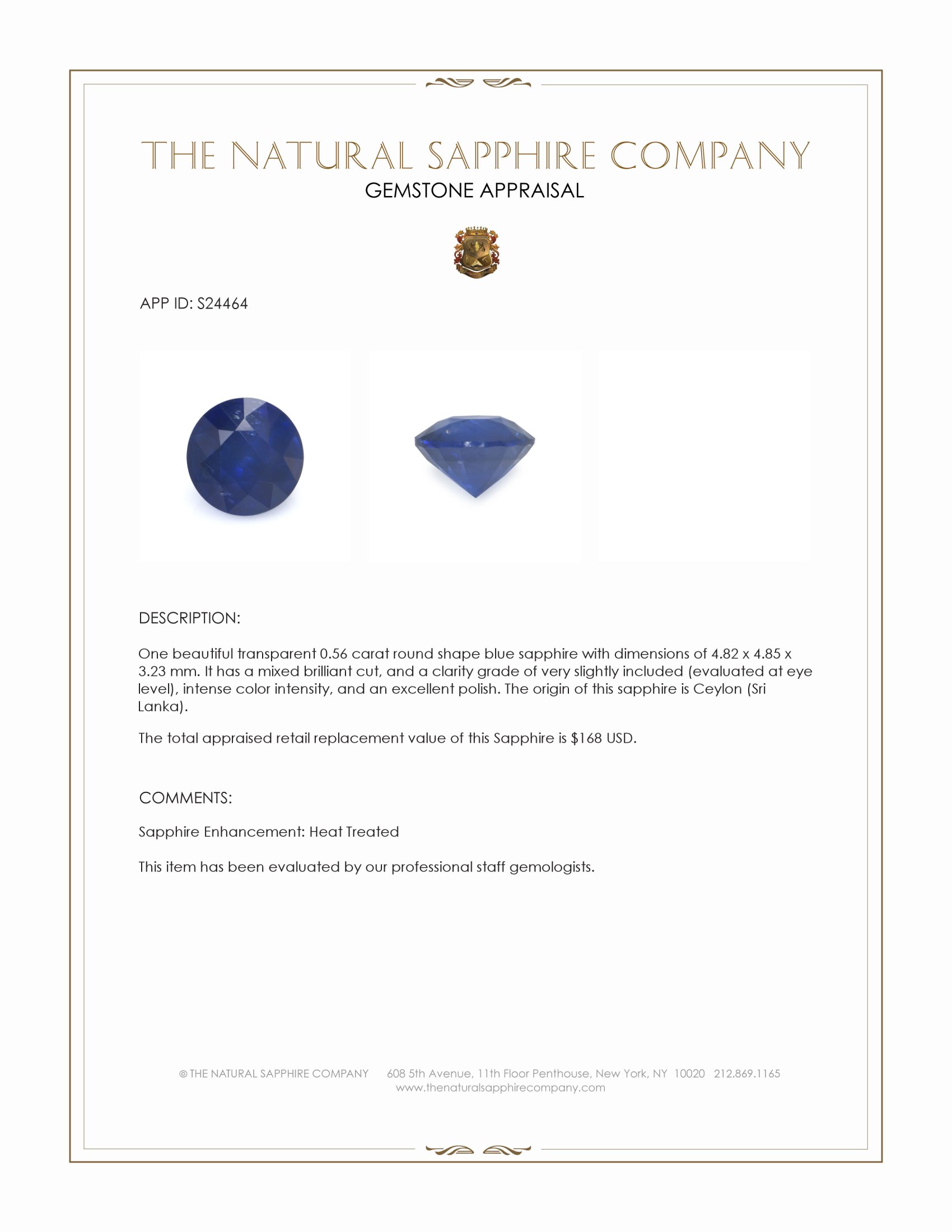 0.56 Ct. Blue Sapphire from Ceylon (Sri Lanka)