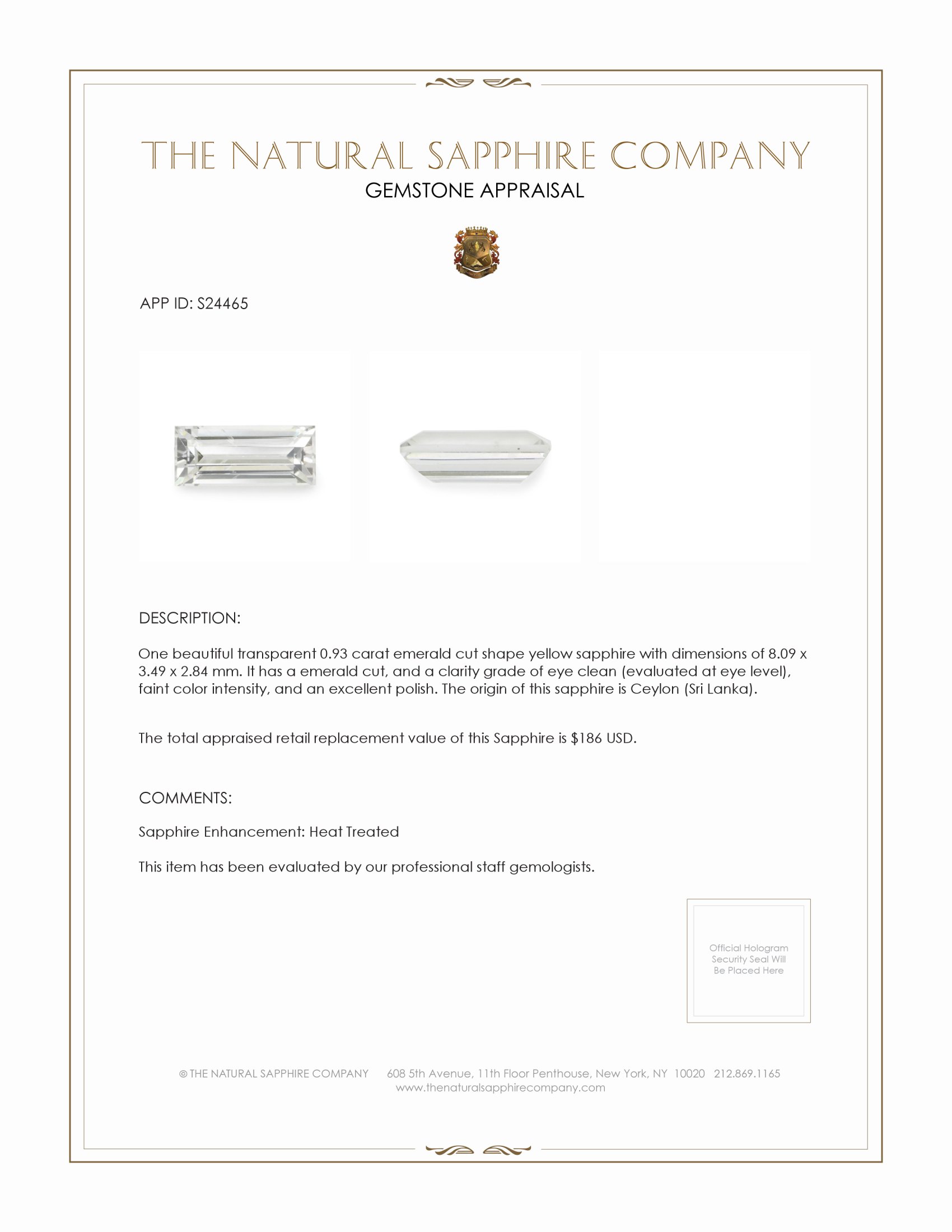 0.93 Ct. Yellow Sapphire from Ceylon (Sri Lanka)