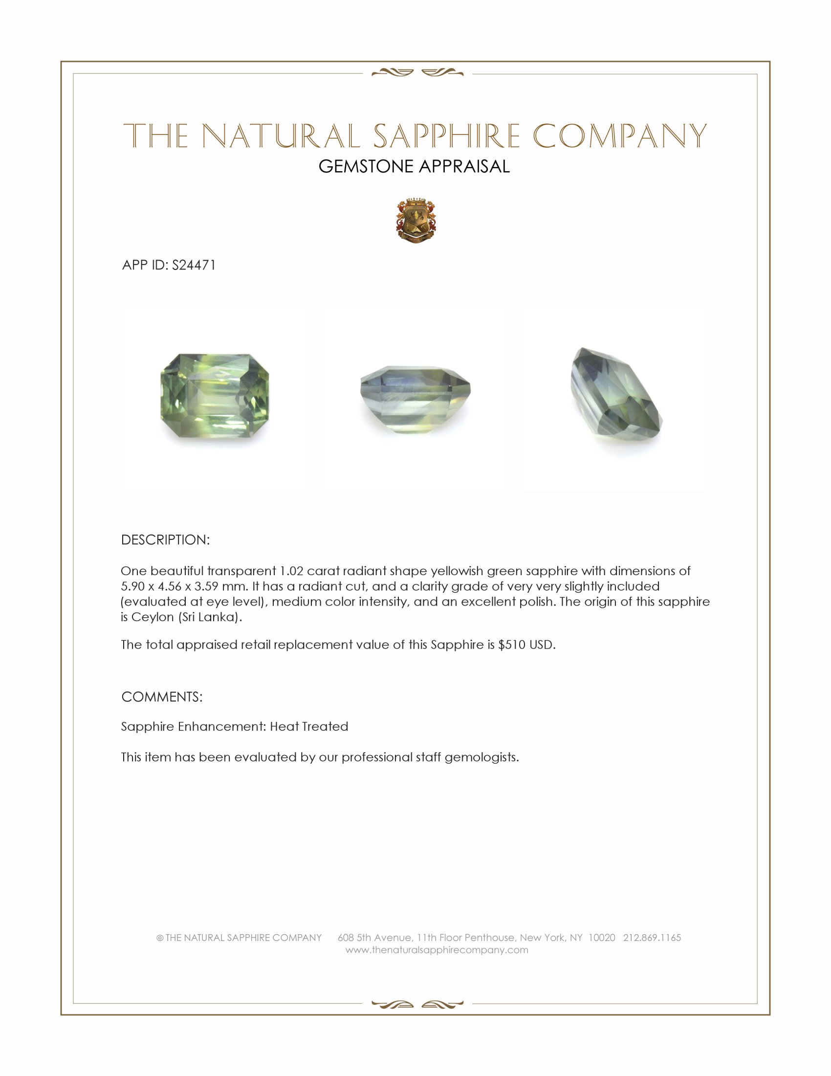 1.02 Ct. Yellowish Green Sapphire from Ceylon (Sri Lanka)