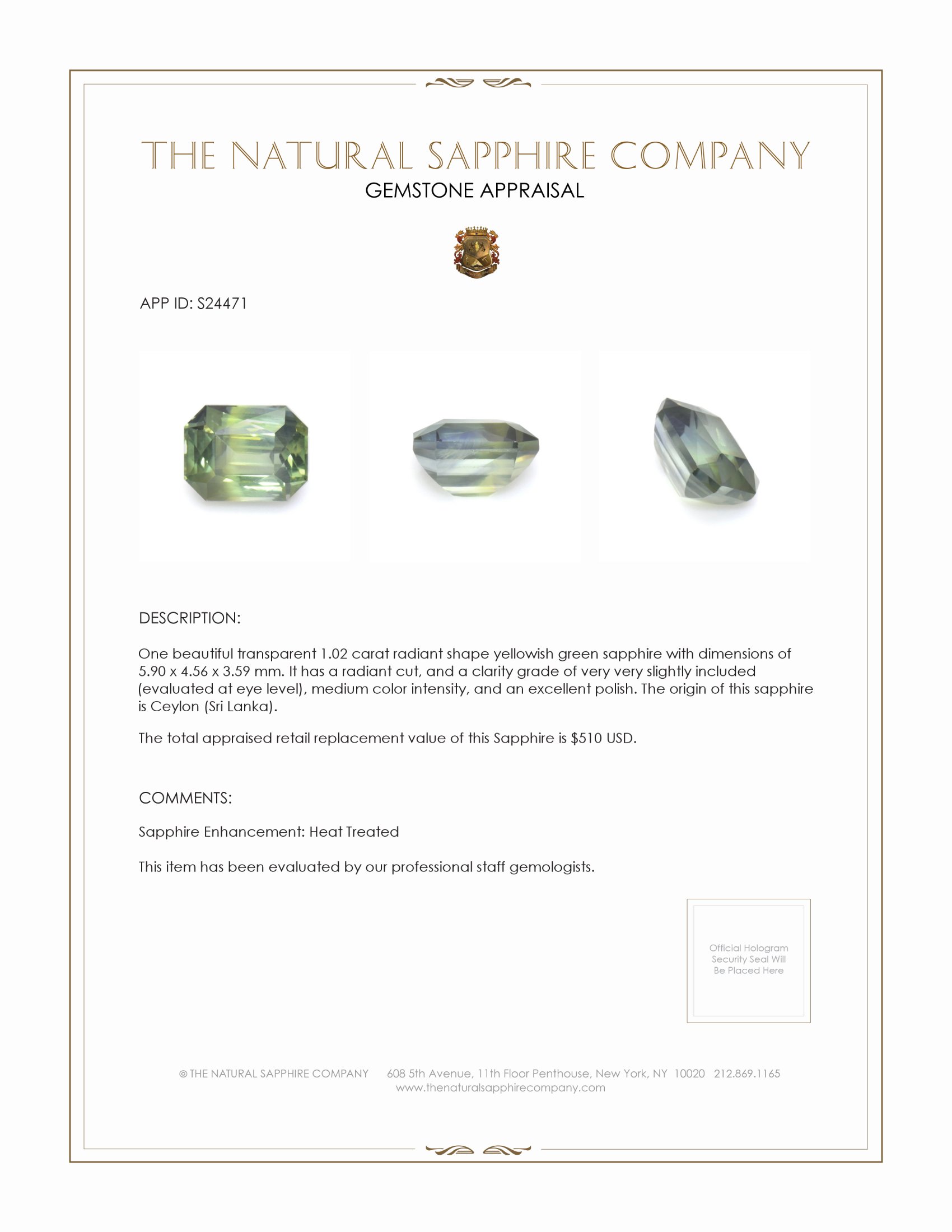 1.02 Ct. Yellowish Green Sapphire from Ceylon (Sri Lanka)