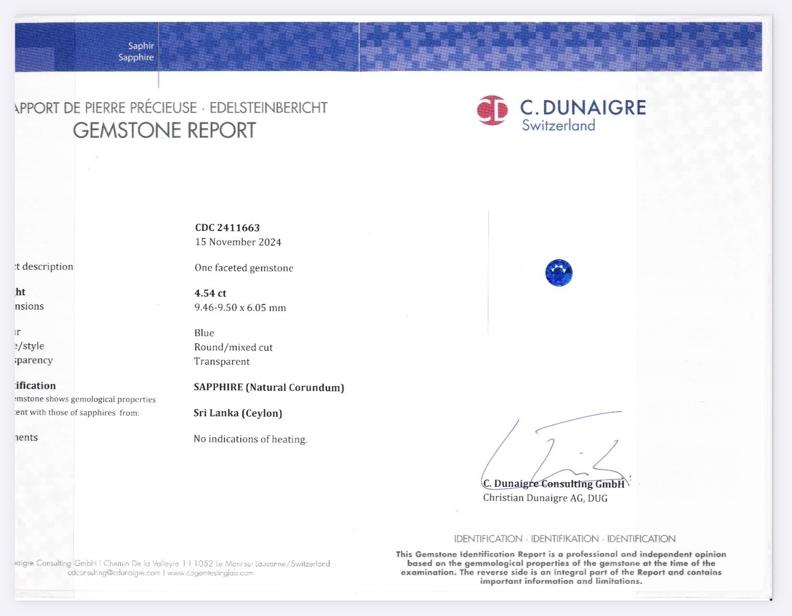 4.54 Ct. Blue Sapphire from Ceylon (Sri Lanka)