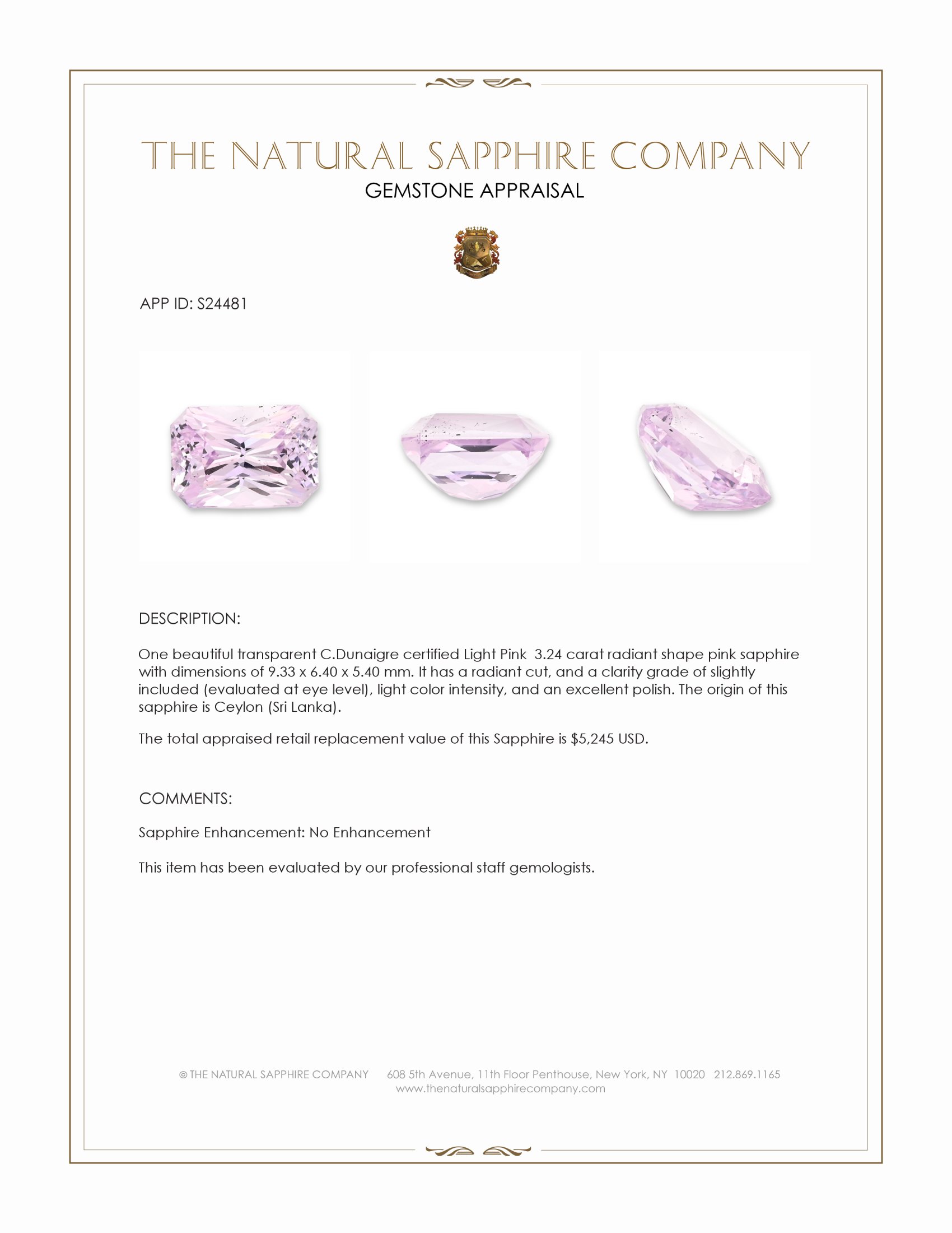 3.24 Ct. Pink Sapphire from Ceylon (Sri Lanka)