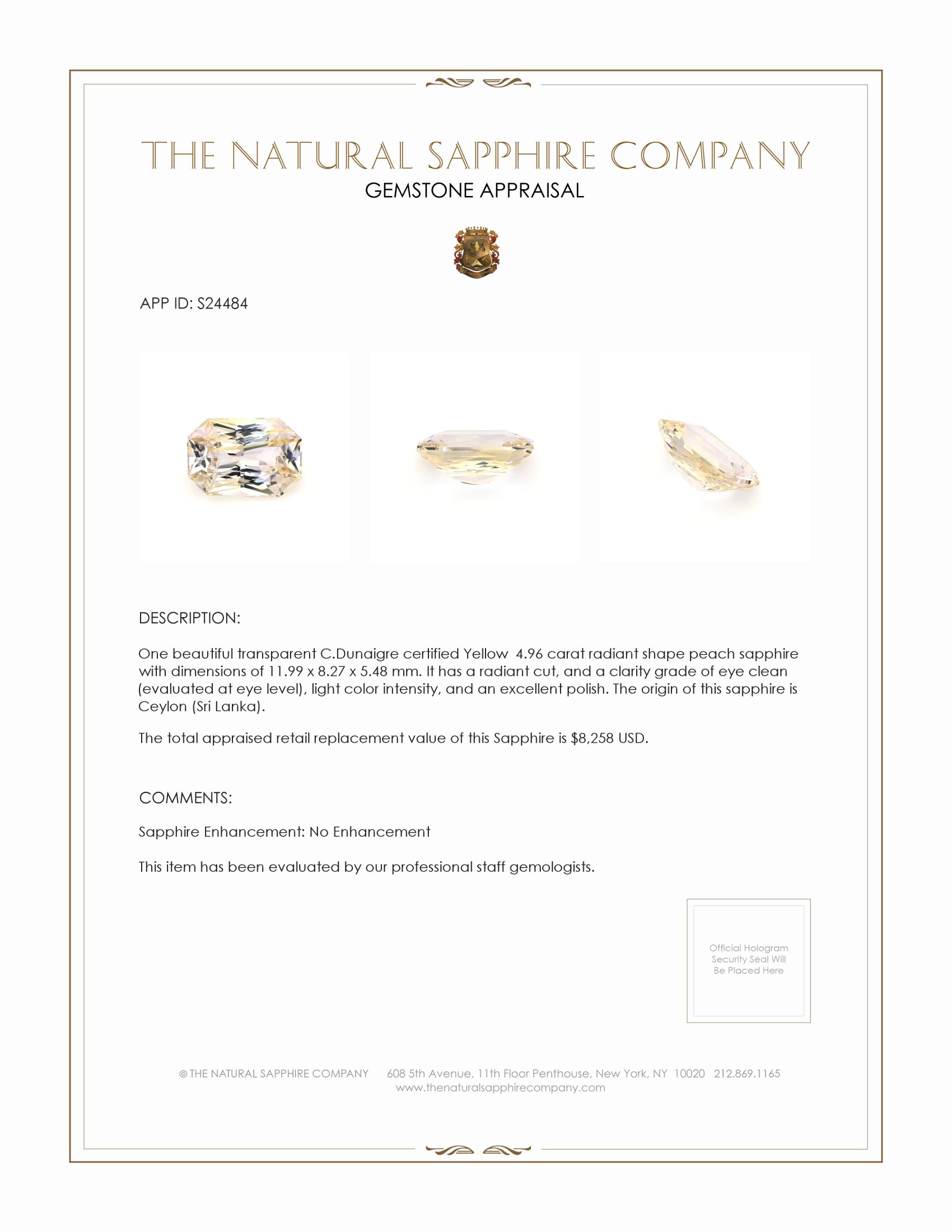 4.96 Ct. Peach Sapphire from Ceylon (Sri Lanka)