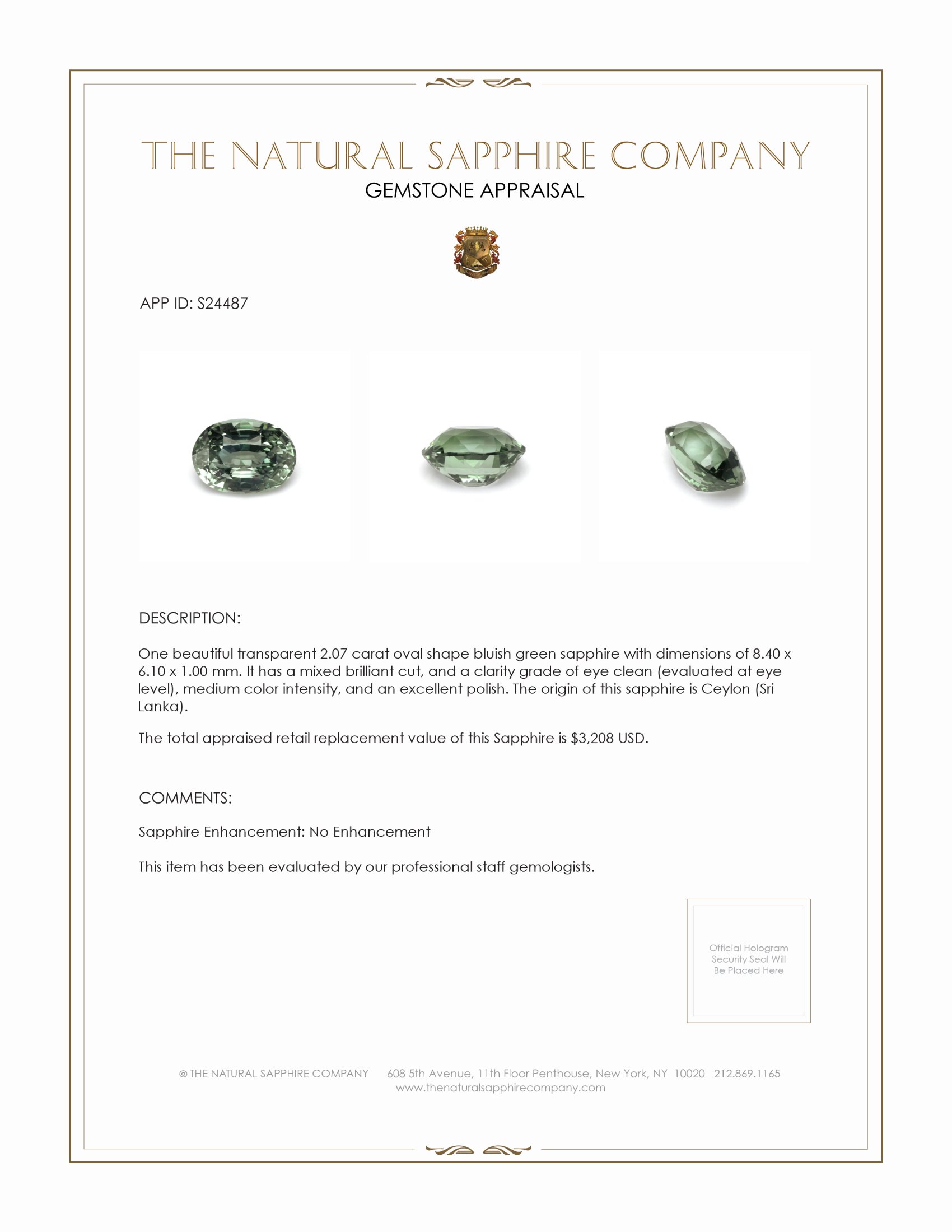 2.07 Ct. Bluish Green Sapphire from Ceylon (Sri Lanka)