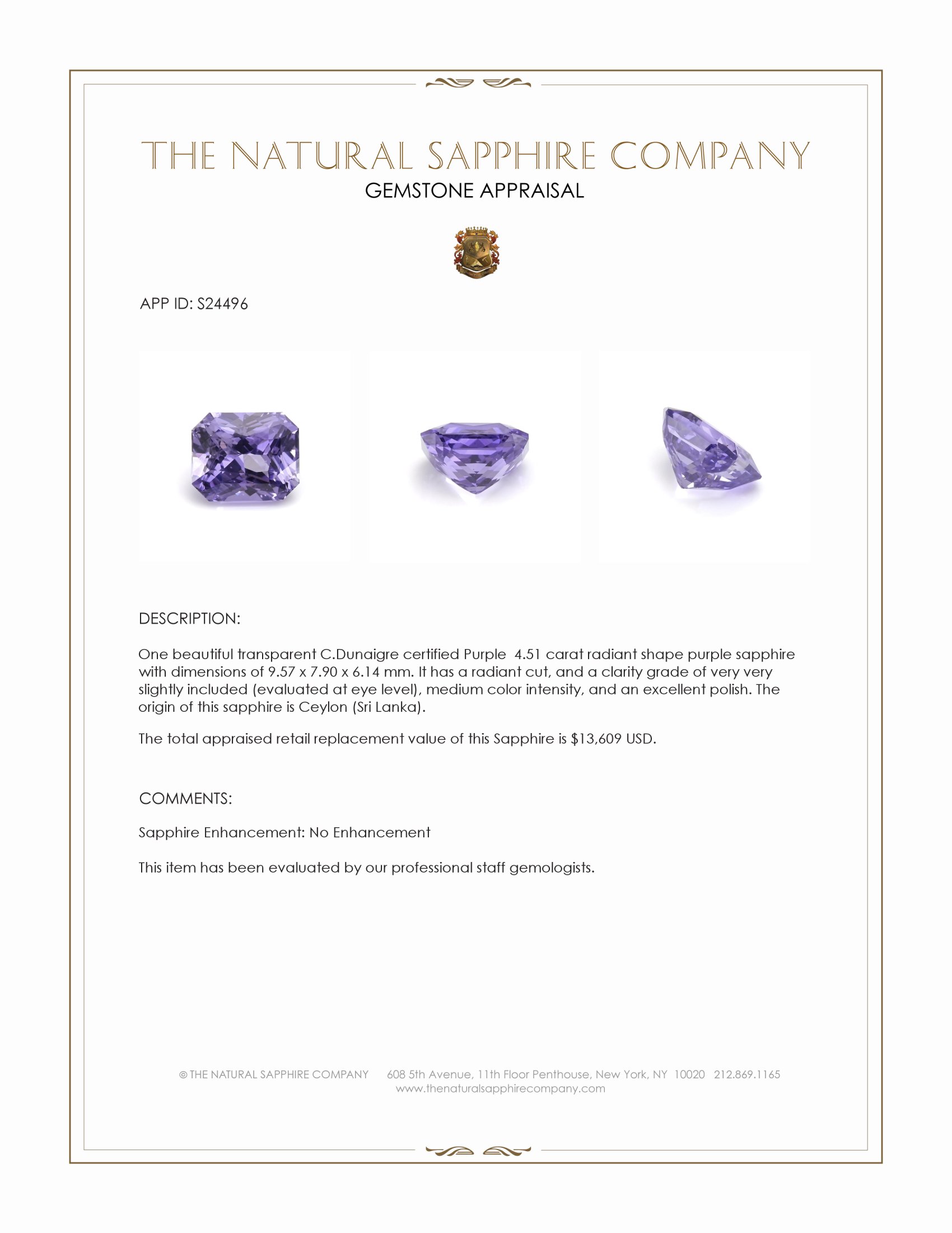 4.51 Ct. Purple Sapphire from Ceylon (Sri Lanka)