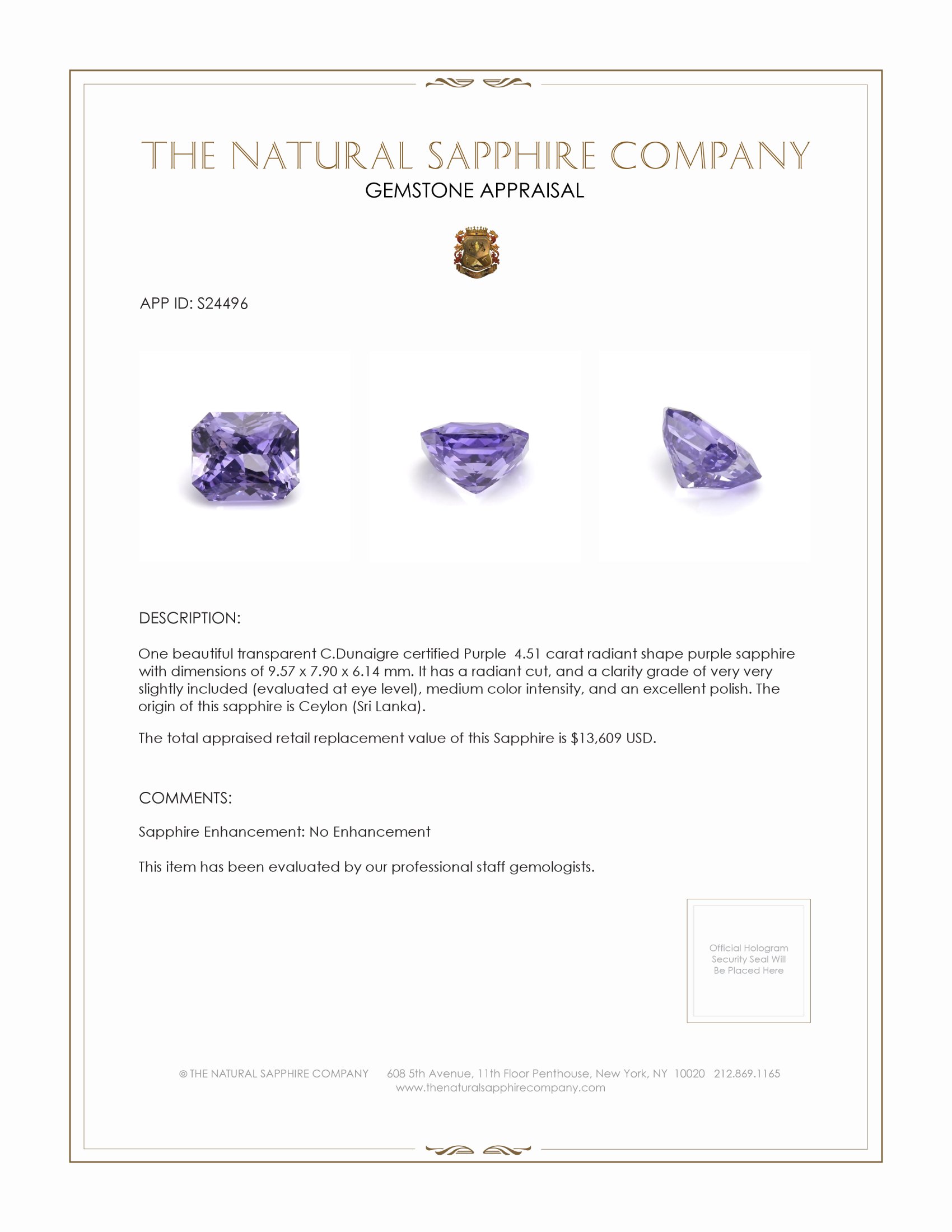 4.51 Ct. Purple Sapphire from Ceylon (Sri Lanka)