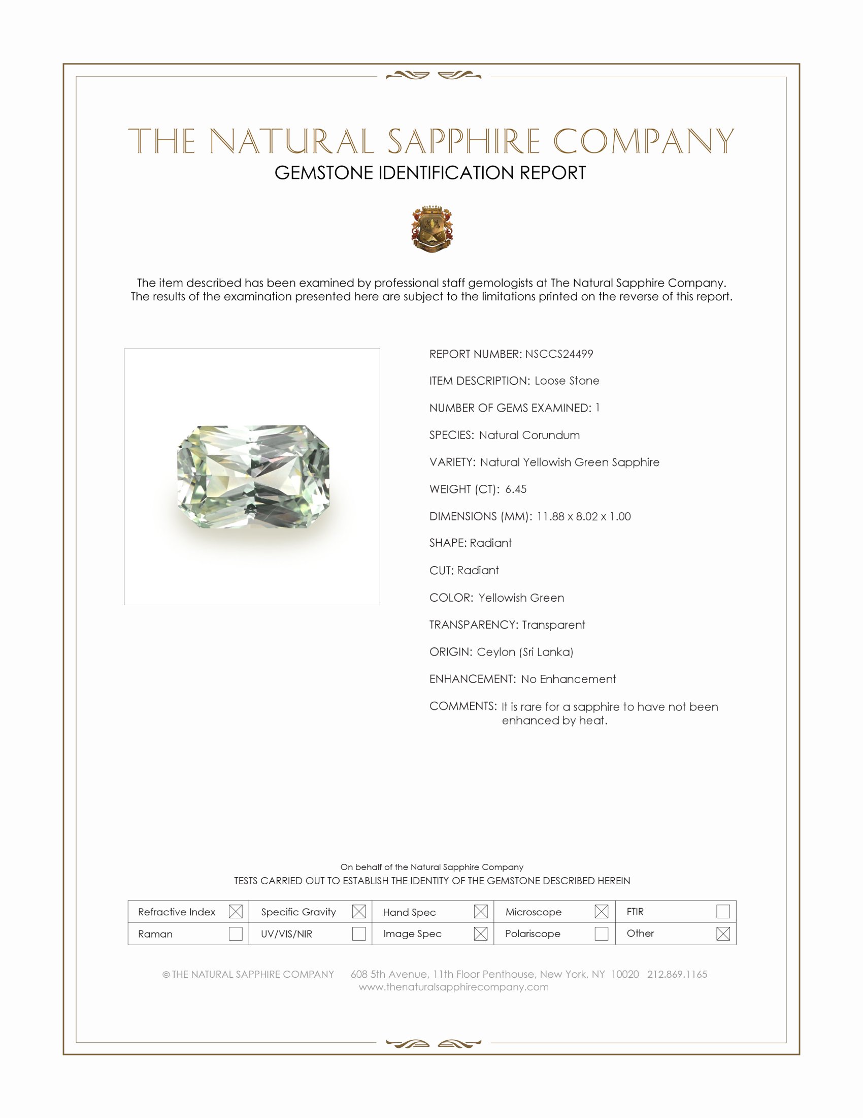 6.45 Ct. Yellowish Green Sapphire from Ceylon (Sri Lanka)