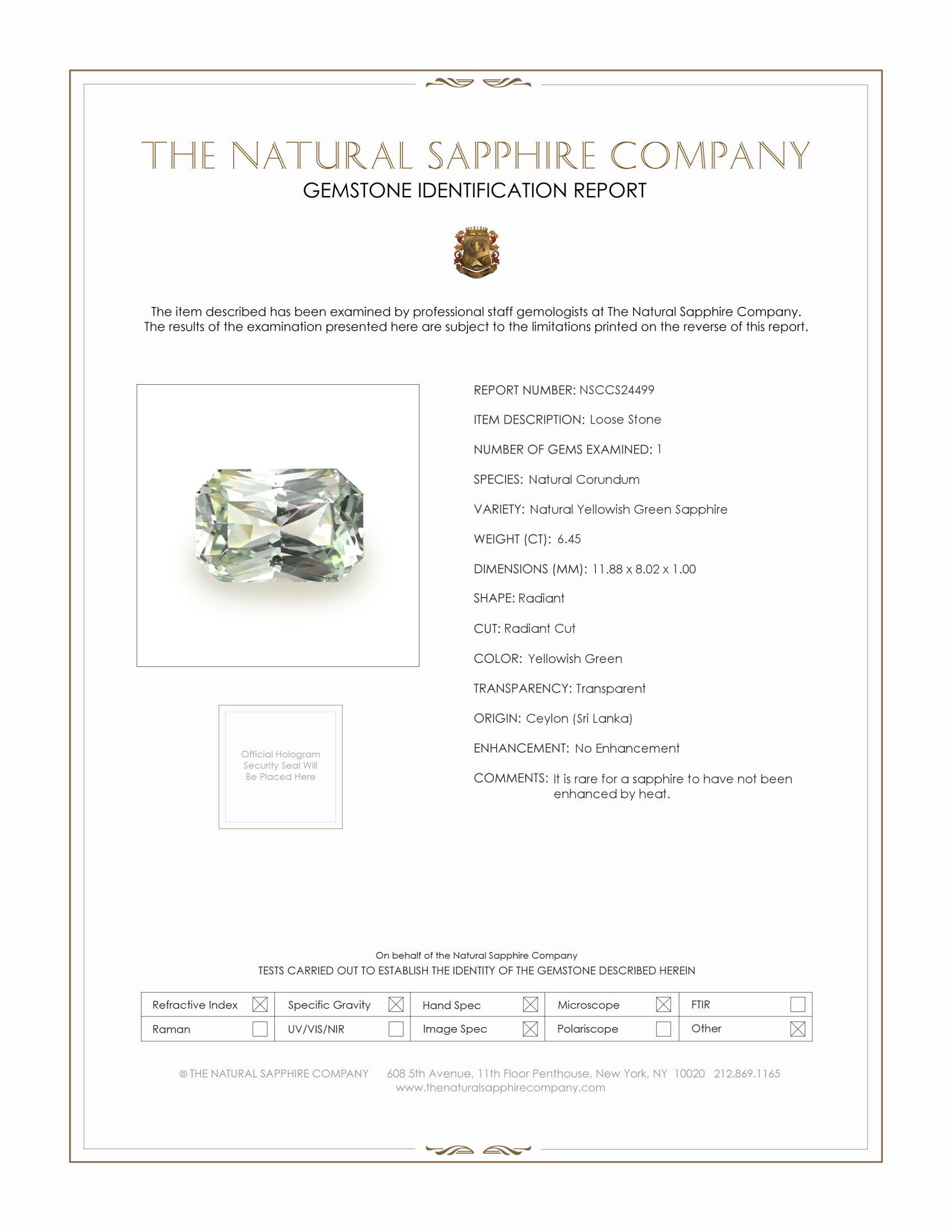 6.45 Ct. Yellowish Green Sapphire from Ceylon (Sri Lanka)