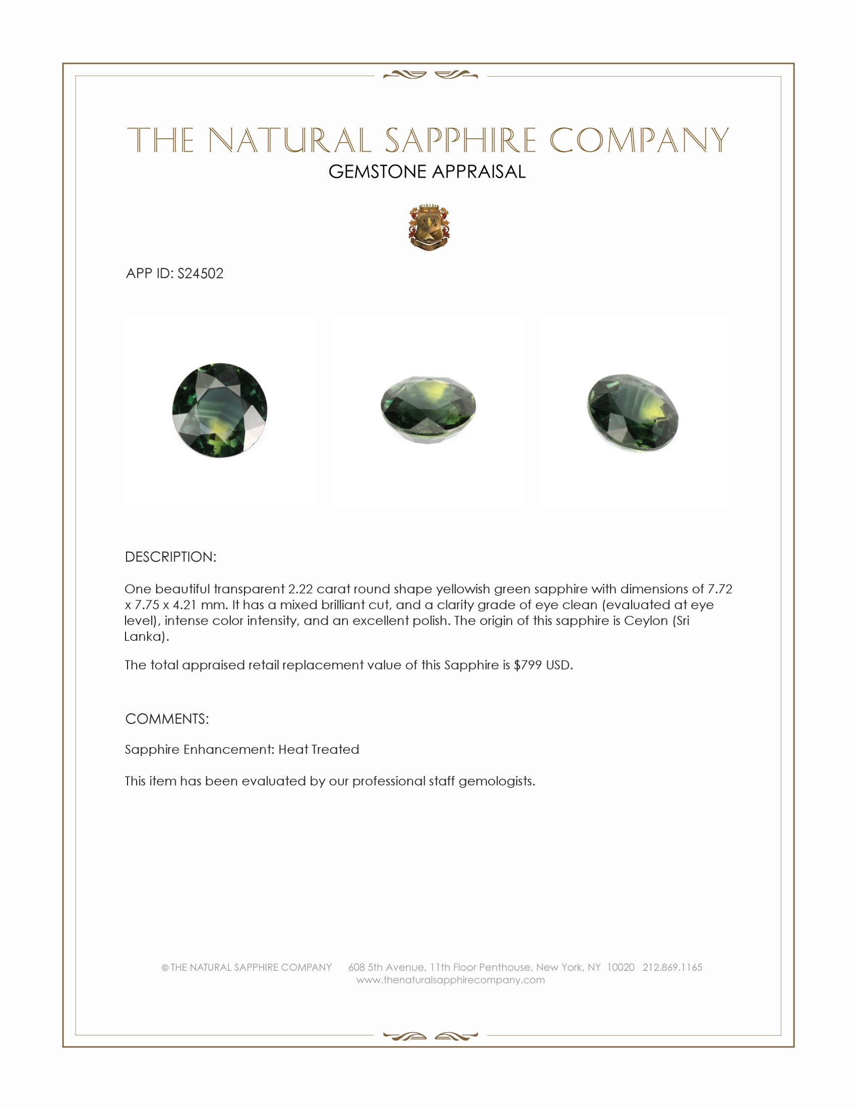 2.22 Ct. Yellowish Green Sapphire from Ceylon (Sri Lanka)