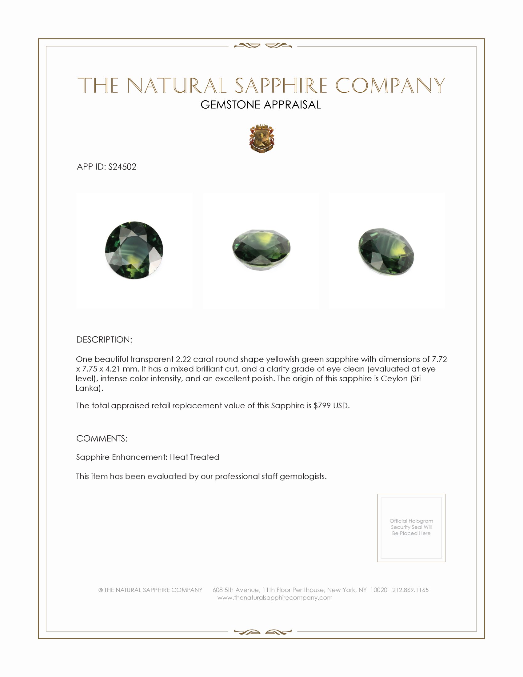 2.22 Ct. Yellowish Green Sapphire from Ceylon (Sri Lanka)