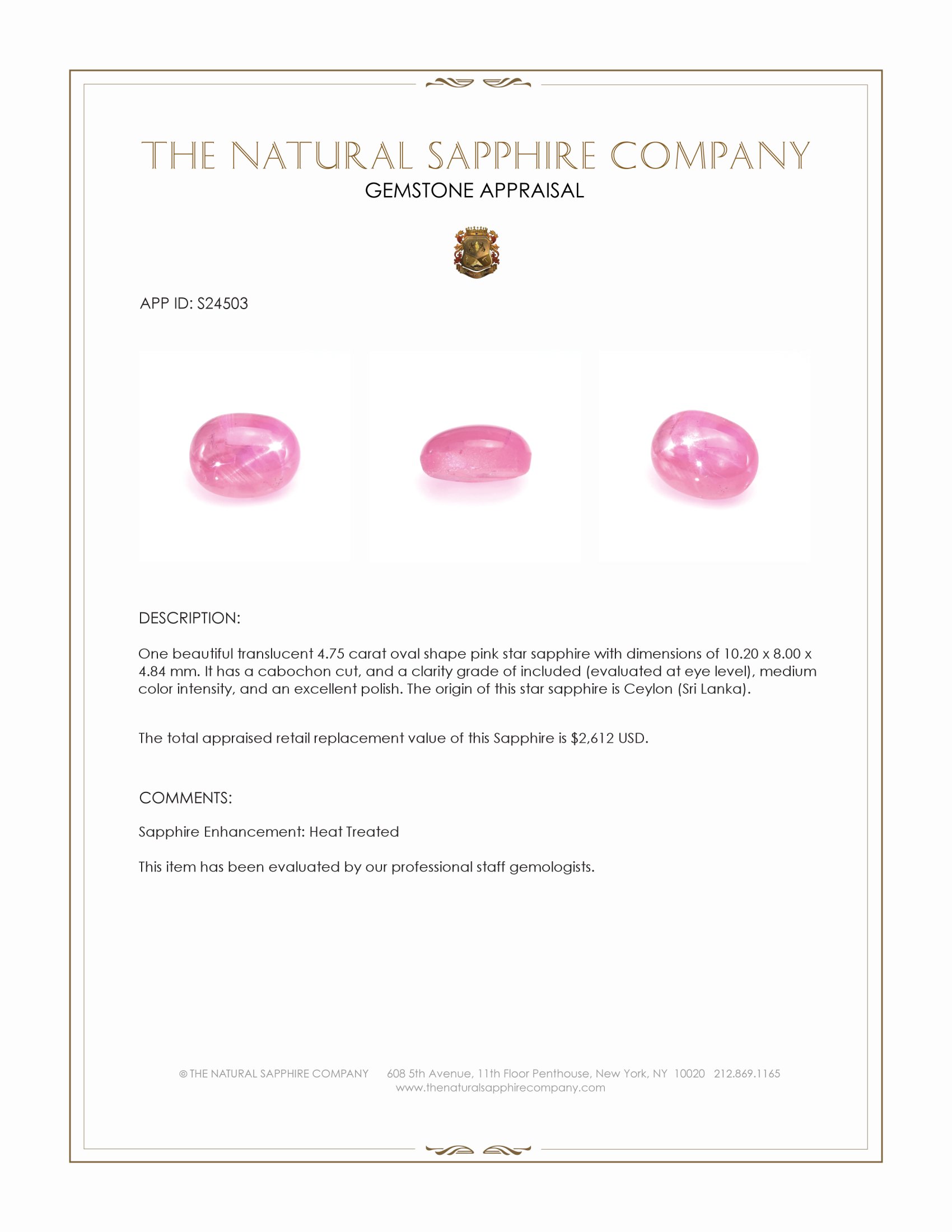 4.75 Ct. Pink Star Sapphire from Ceylon (Sri Lanka)