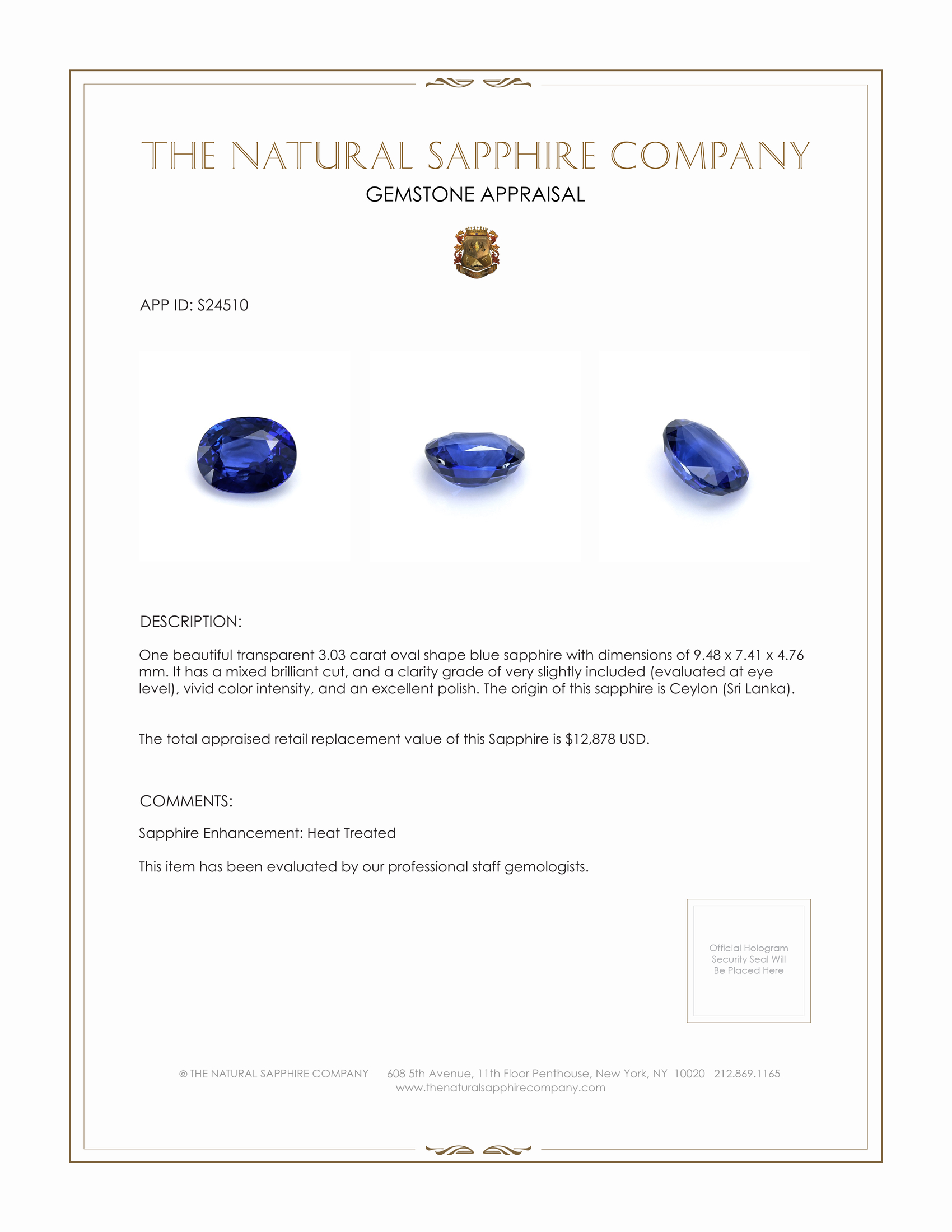 3.03 Ct. Blue Sapphire from Ceylon (Sri Lanka)