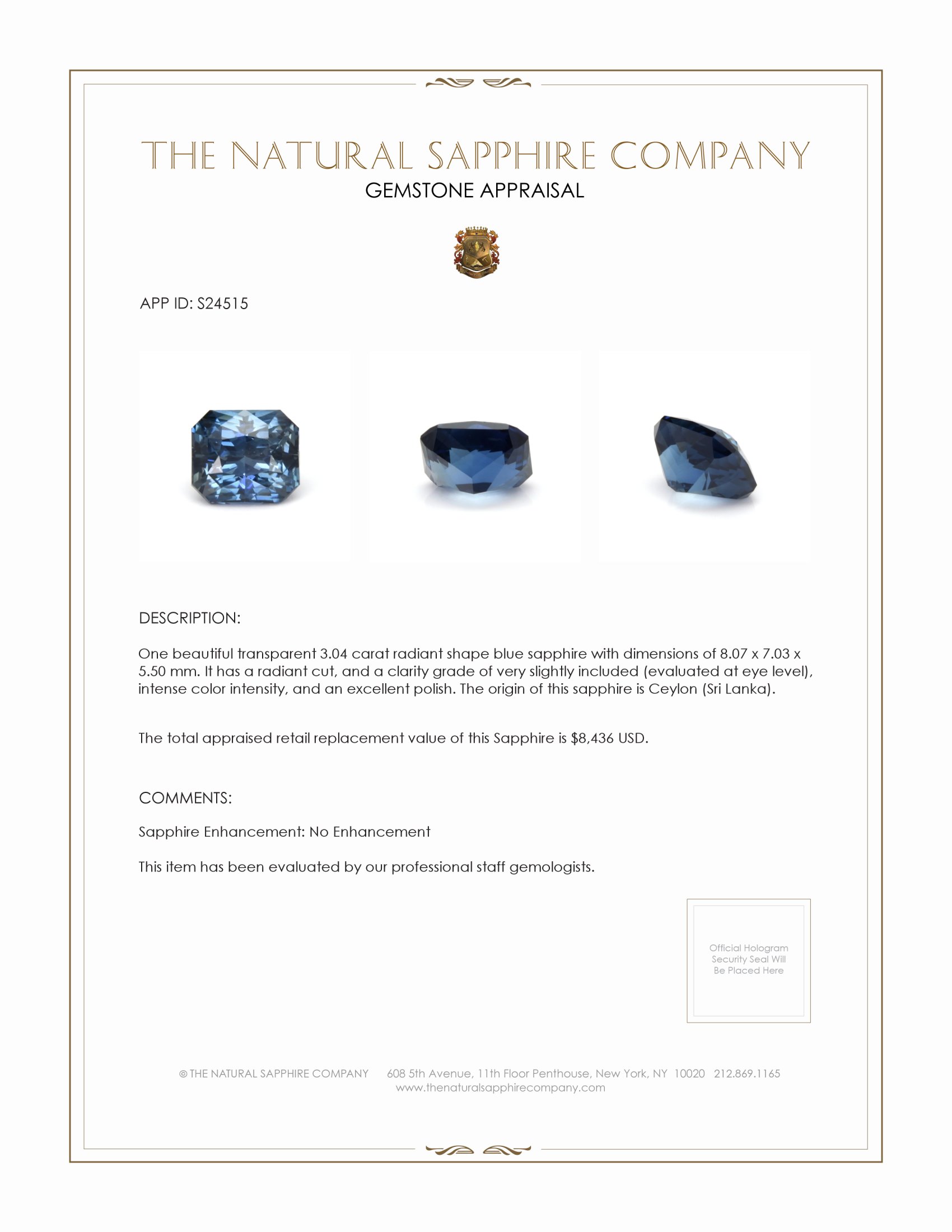3.04 Ct. Blue Sapphire from Ceylon (Sri Lanka)